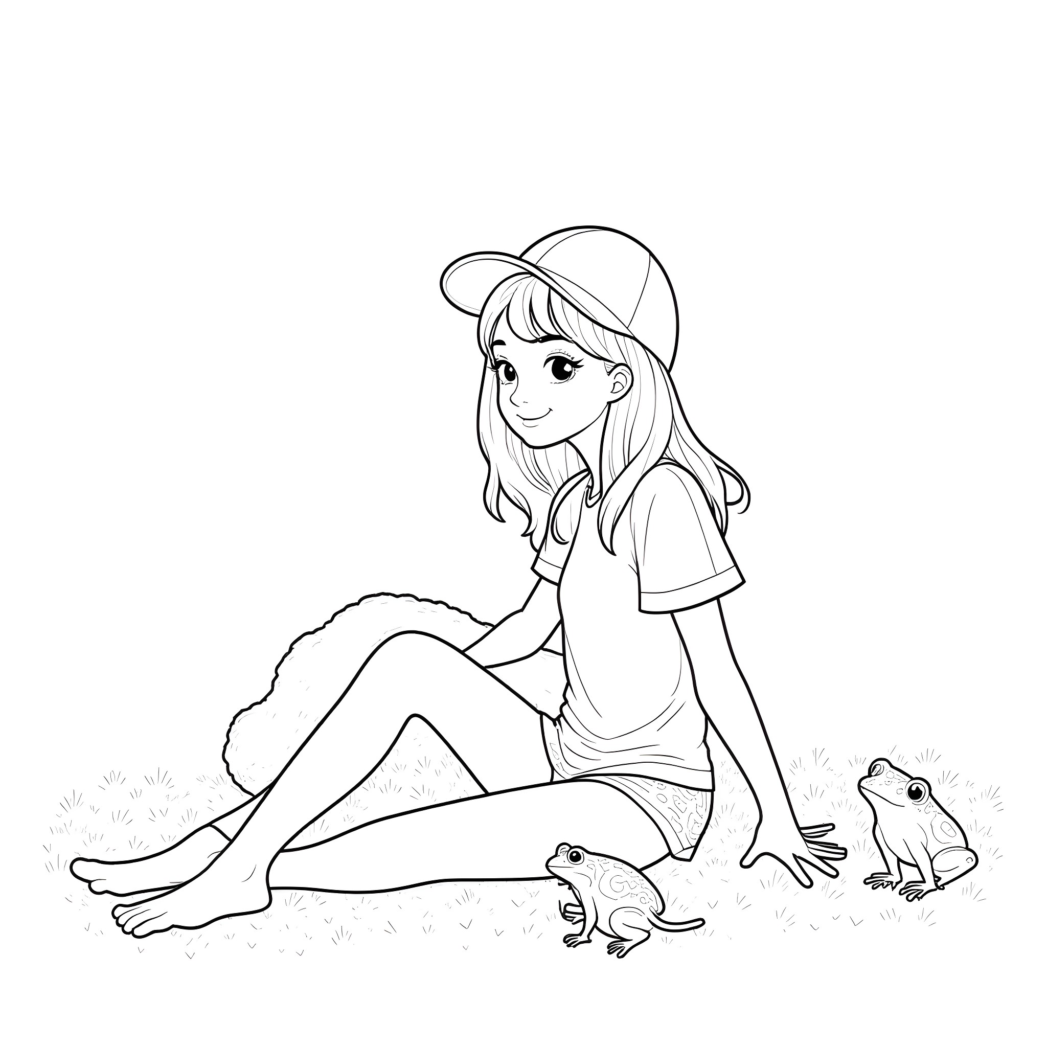 Woman relaxing outdoors with small animals Coloring Page (free black-and-white line drawing printable PDF for all, from beginners to advanced learners, including children, teens, adults, and seniors)