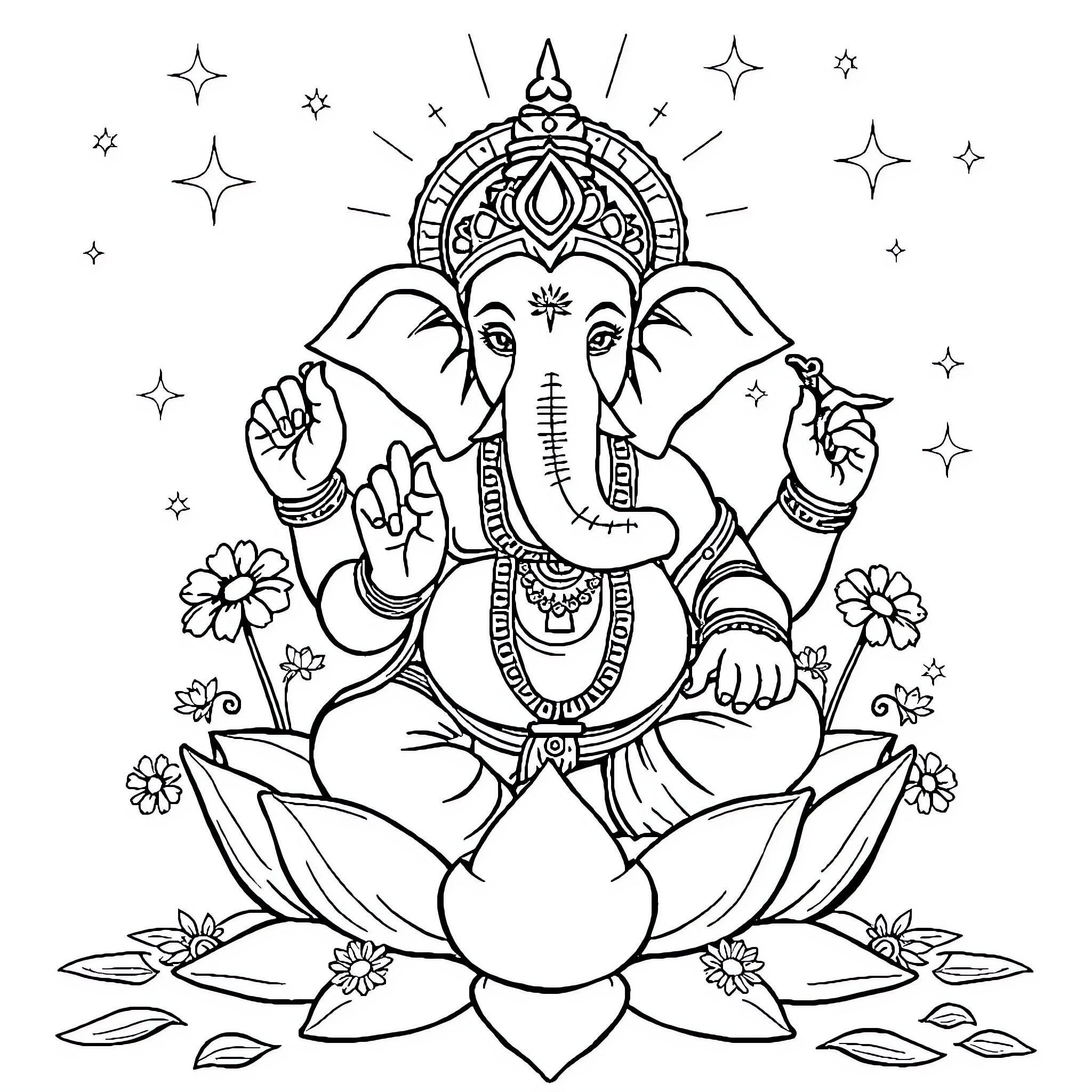 Ganesha, the Elephant-Headed Hindu Deity, in Meditative Pose Coloring Page (free black-and-white line drawing printable PDF for all, from beginners to advanced learners, including children, teens, adults, and seniors)