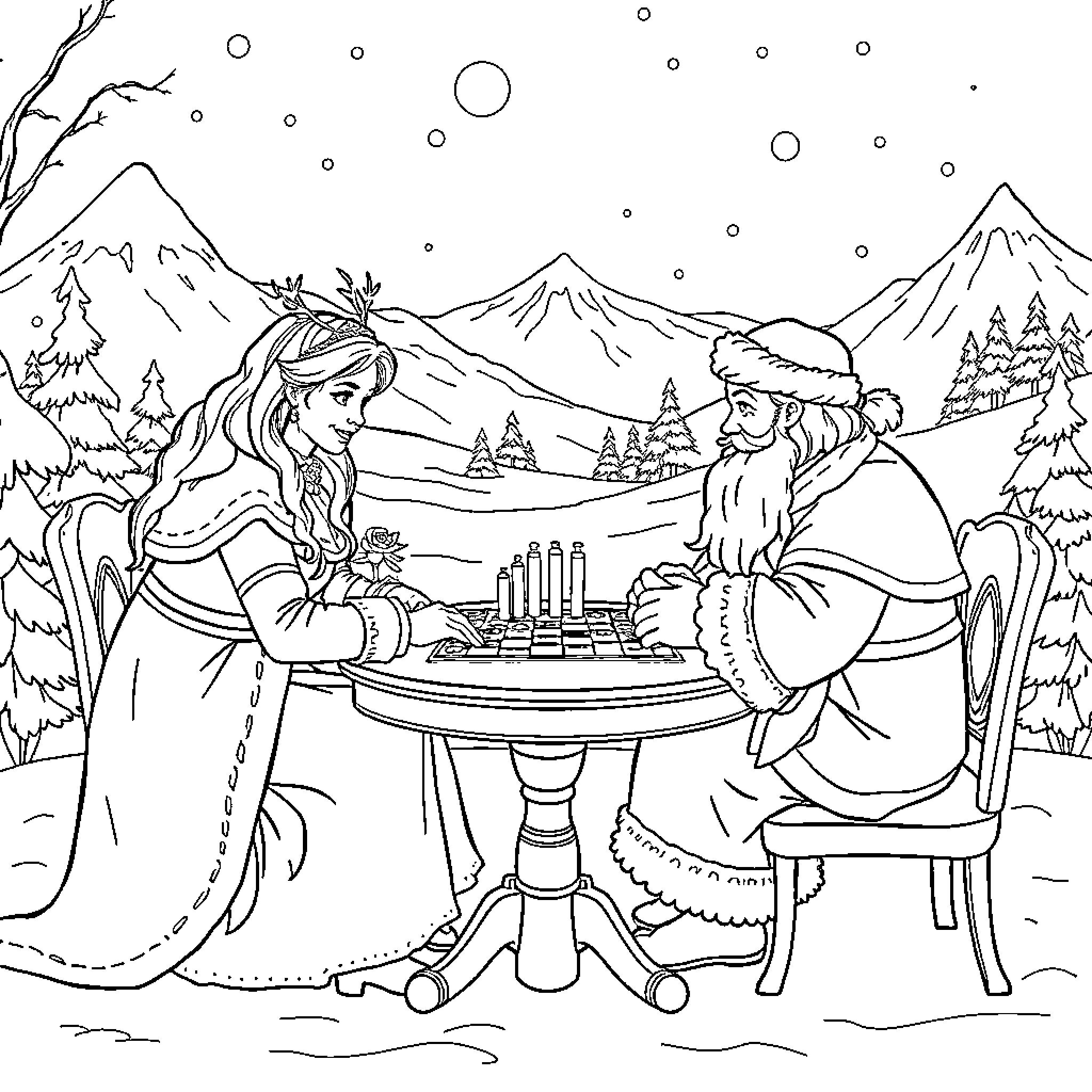Queen Enjoying Festive Celebration with Companion Coloring Page (free black-and-white line drawing printable PDF for all, from beginners to advanced learners, including children, teens, adults, and seniors)