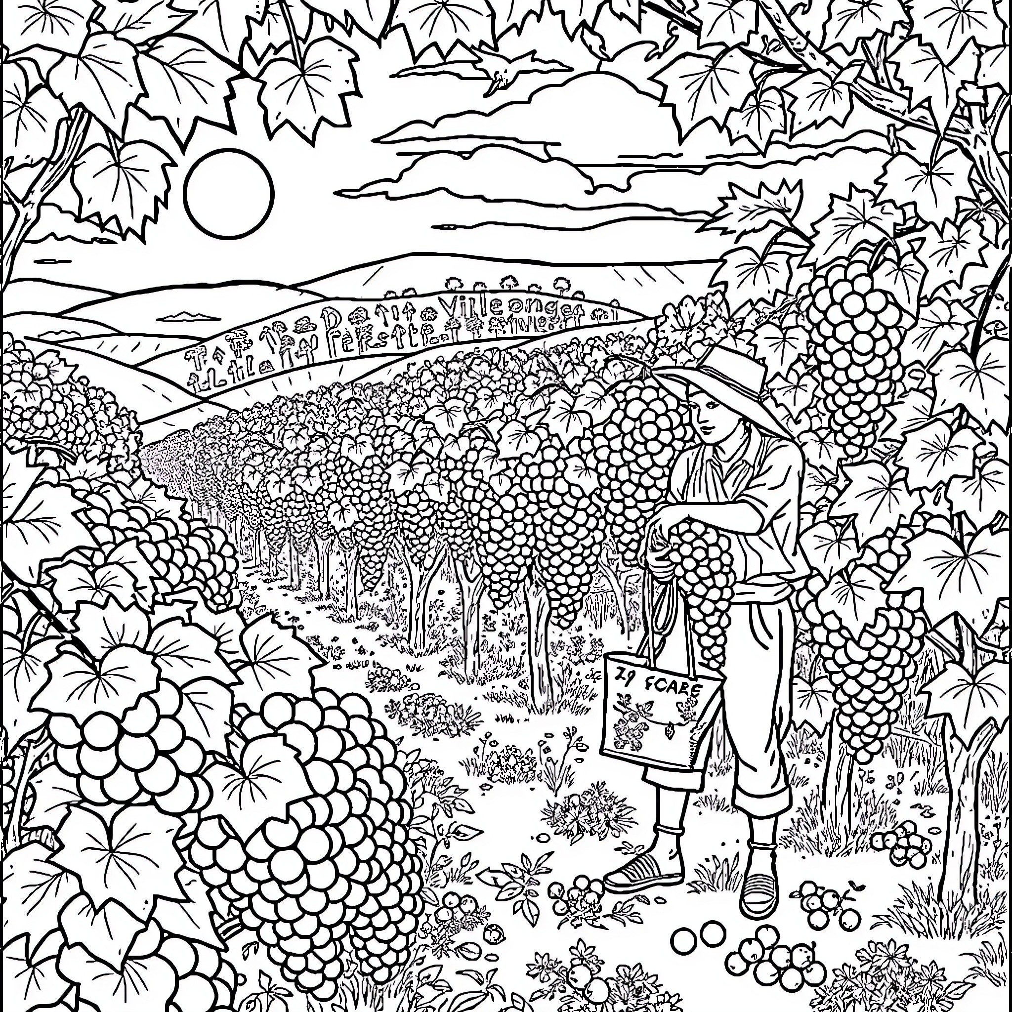 Vendanges in the Vineyard: Harvest Time in the Countryside Coloring Page (free black-and-white line drawing printable PDF for all, from beginners to advanced learners, including children, teens, adults, and seniors)