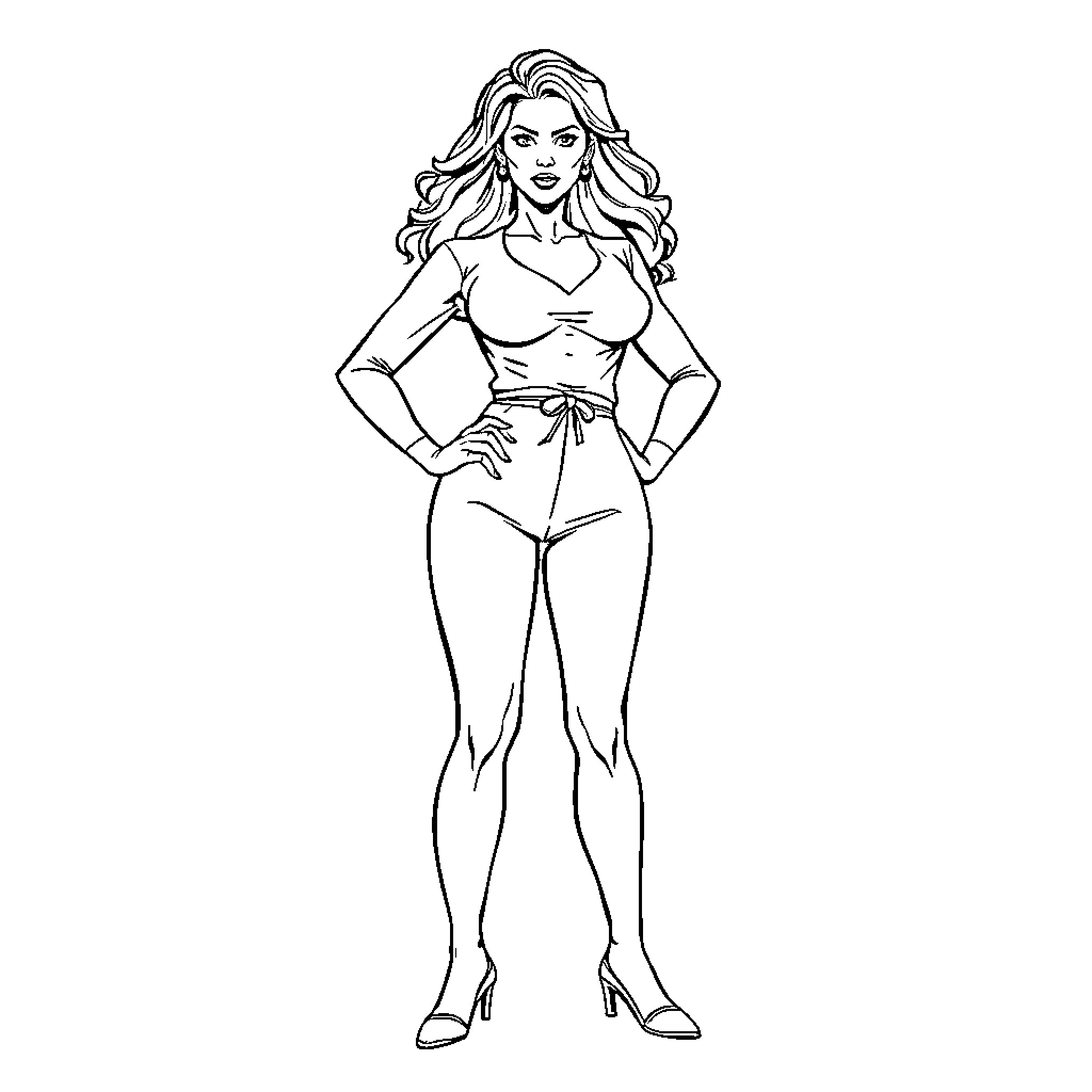 Lady with confident pose and flowing hair Coloring Page (free black-and-white line drawing printable PDF for all, from beginners to advanced learners, including children, teens, adults, and seniors)