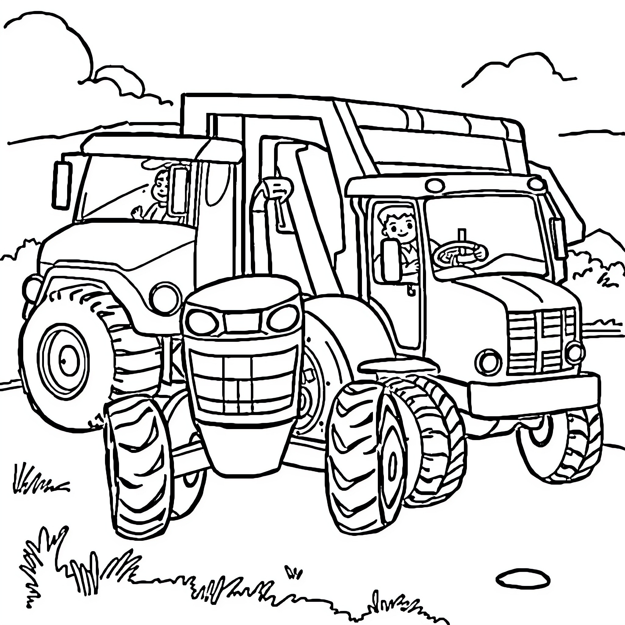 Tractor working in the field Coloring Page (free black-and-white line drawing printable PDF for all, from beginners to advanced learners, including children, teens, adults, and seniors)