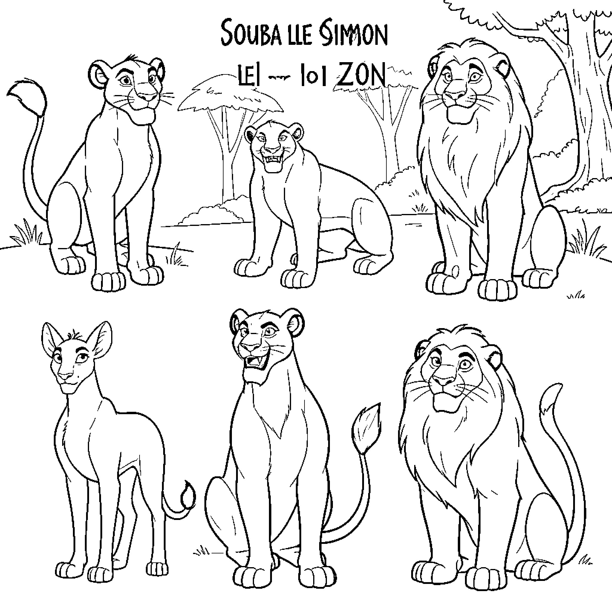 Simba and lionesses posing in various natural stances Coloring Page (free black-and-white line drawing printable PDF for all, from beginners to advanced learners, including children, teens, adults, and seniors)