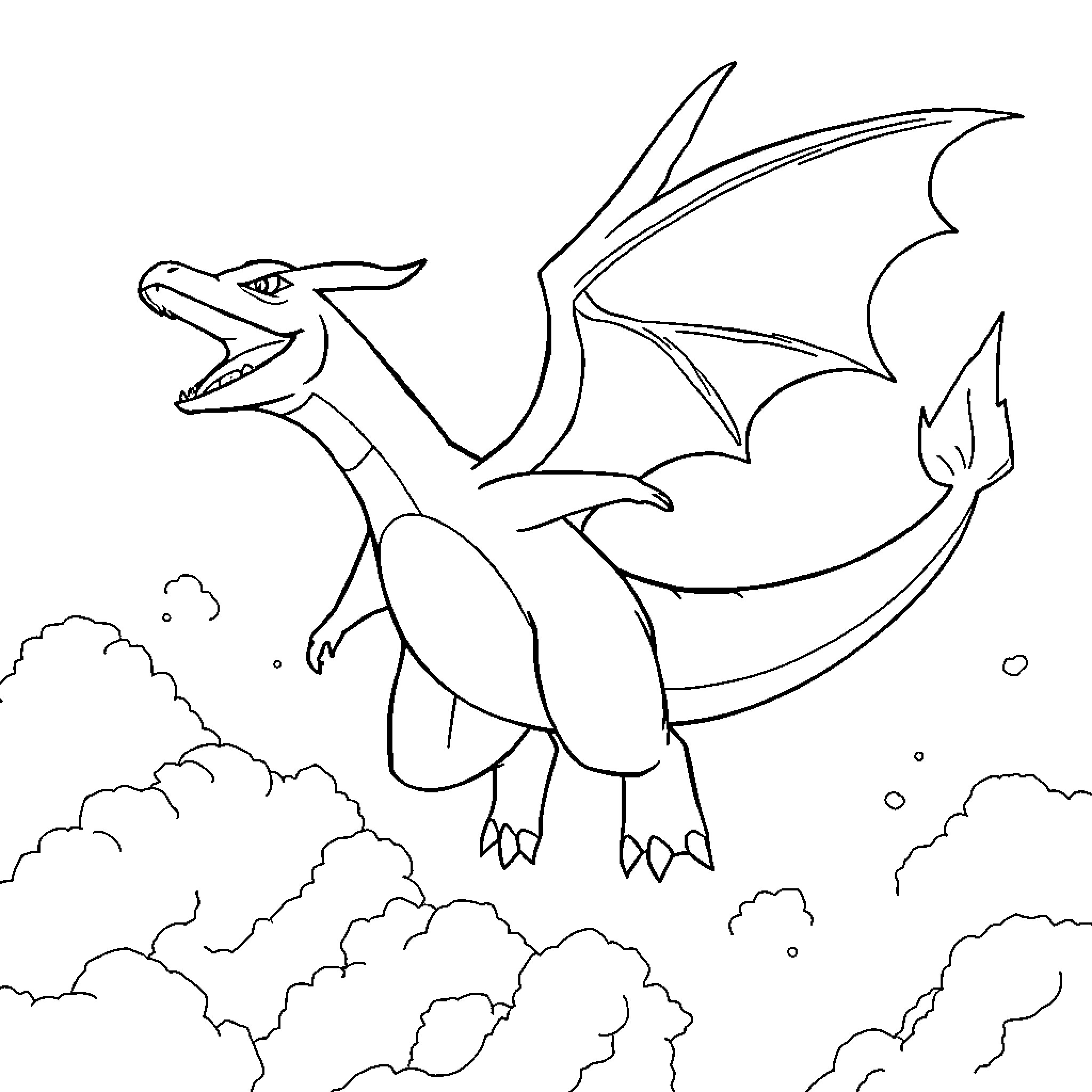 Charizard soaring through the clouds Coloring Page (free black-and-white line drawing printable PDF for all, from beginners to advanced learners, including children, teens, adults, and seniors)