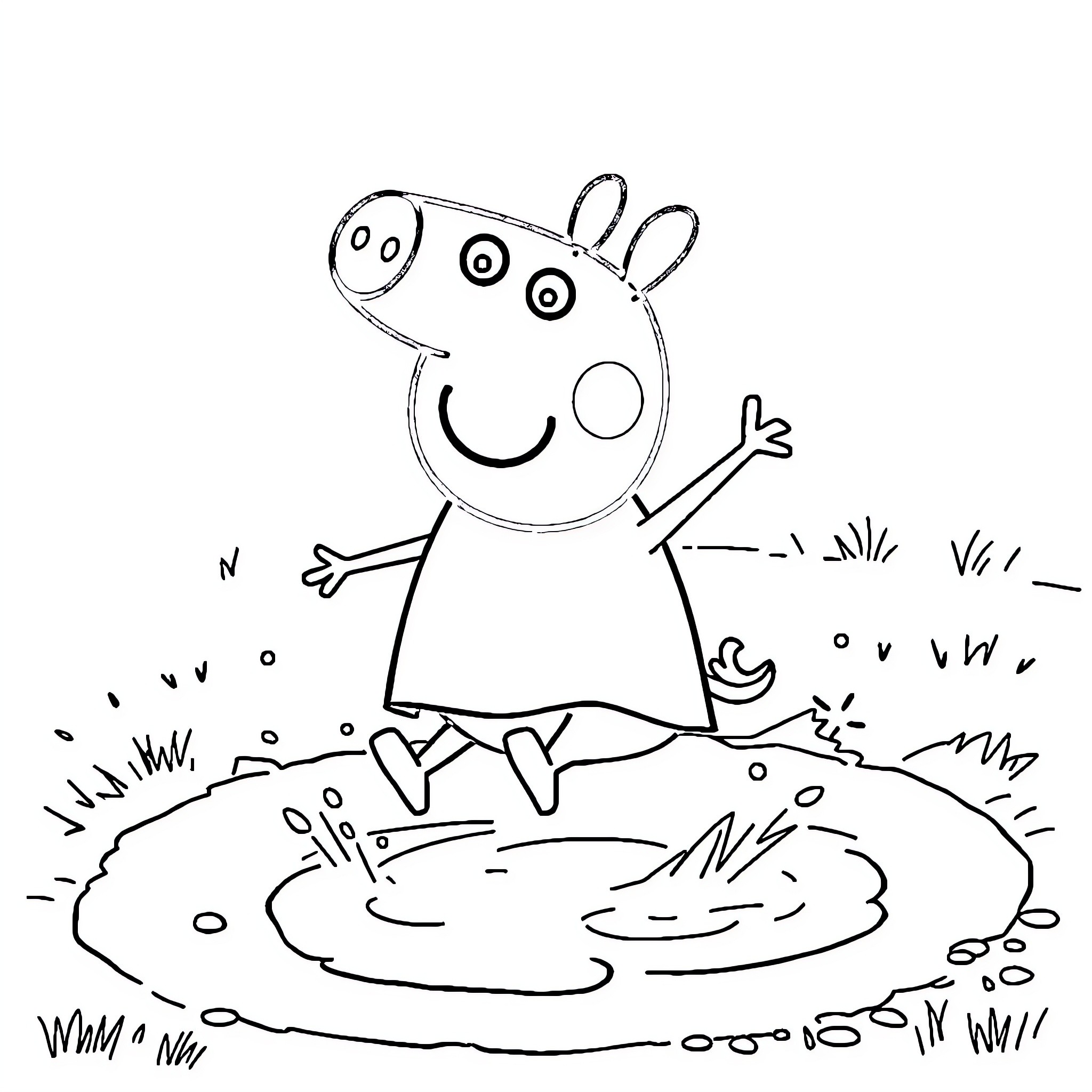 Peppa Pig enjoying a muddy adventure Coloring Page (free black-and-white line drawing printable PDF for all, from beginners to advanced learners, including children, teens, adults, and seniors)