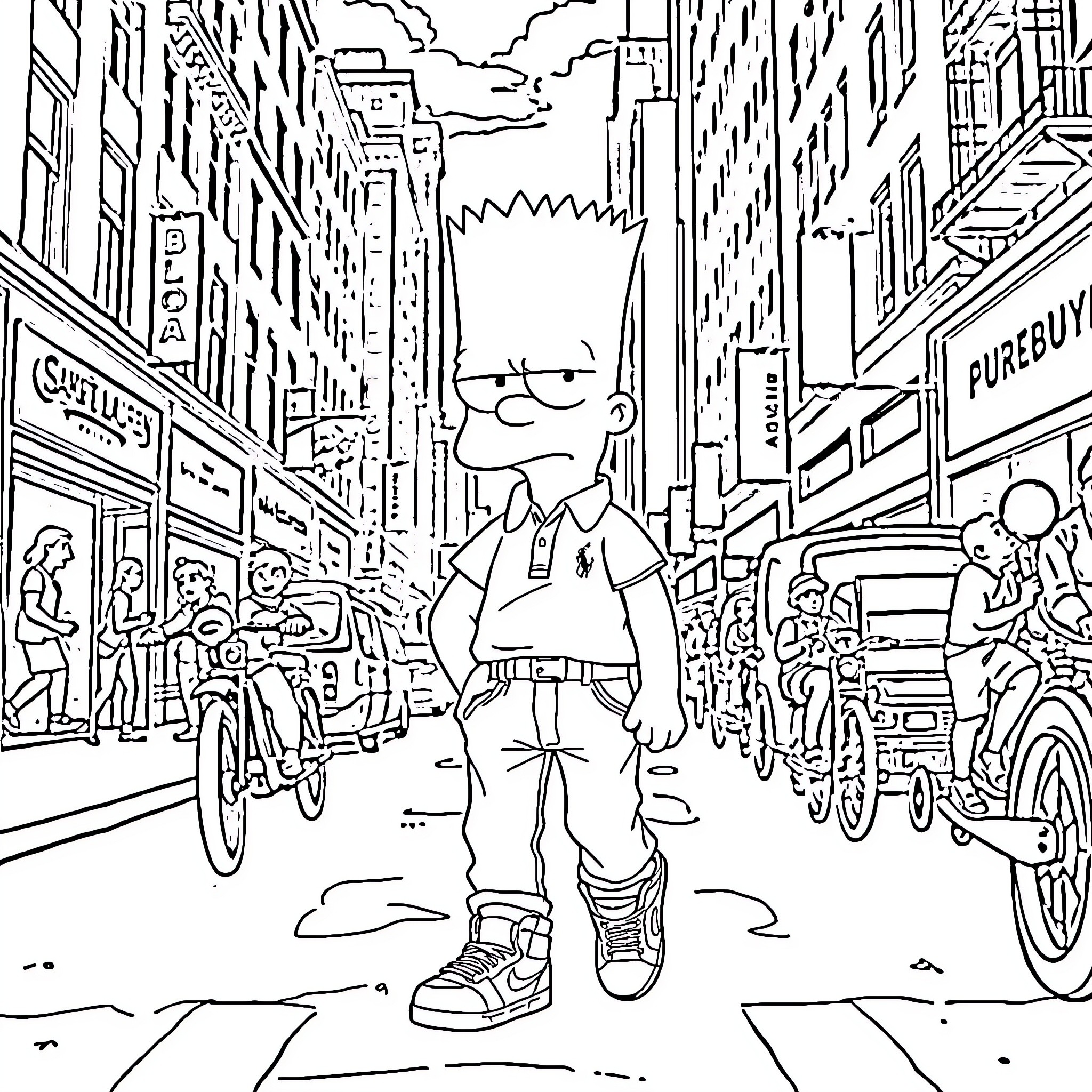 Bart Simpson strolling through a bustling city street Coloring Page (free black-and-white line drawing printable PDF for all, from beginners to advanced learners, including children, teens, adults, and seniors)