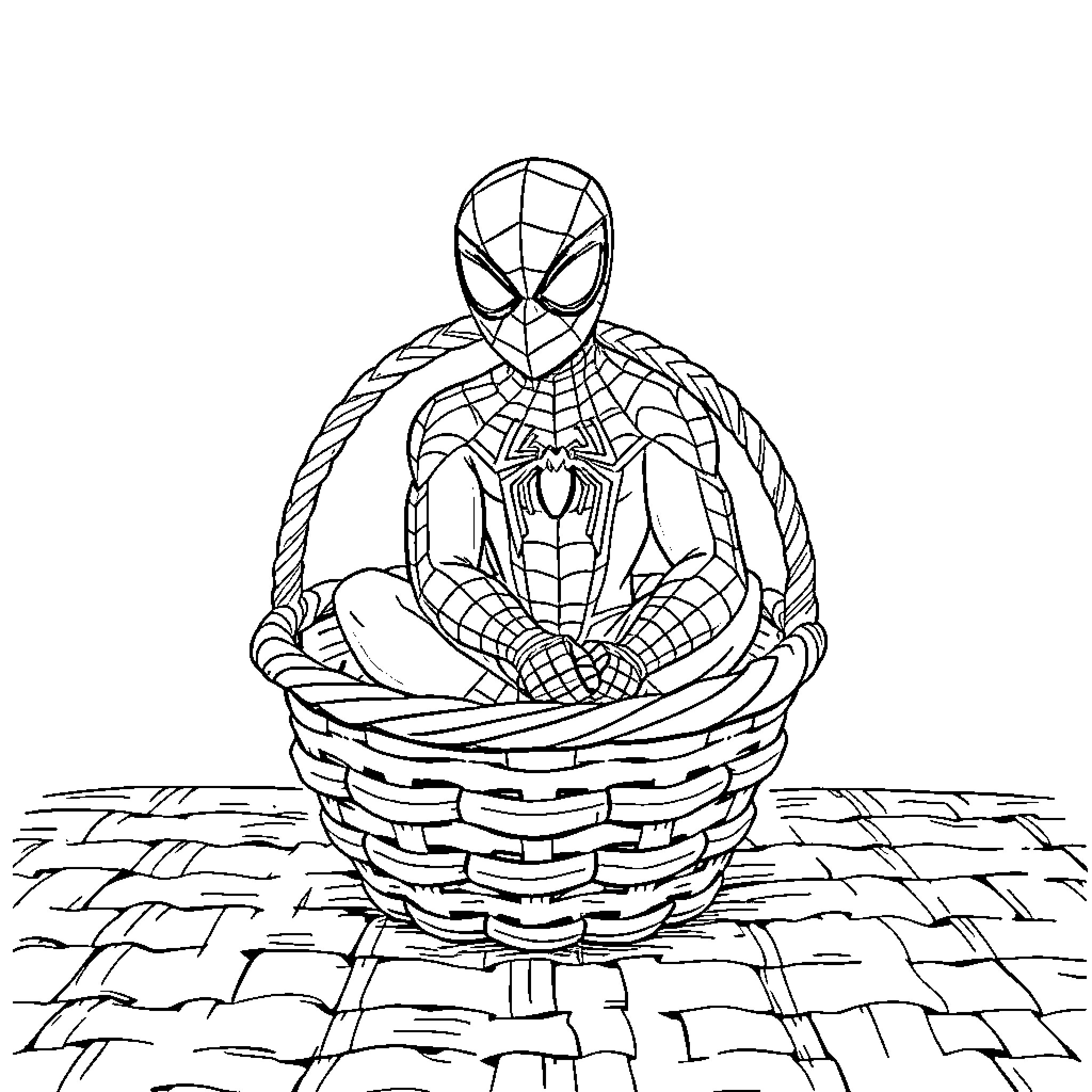 Spiderman sitting in a basket Coloring Page (free black-and-white line drawing printable PDF for all, from beginners to advanced learners, including children, teens, adults, and seniors)