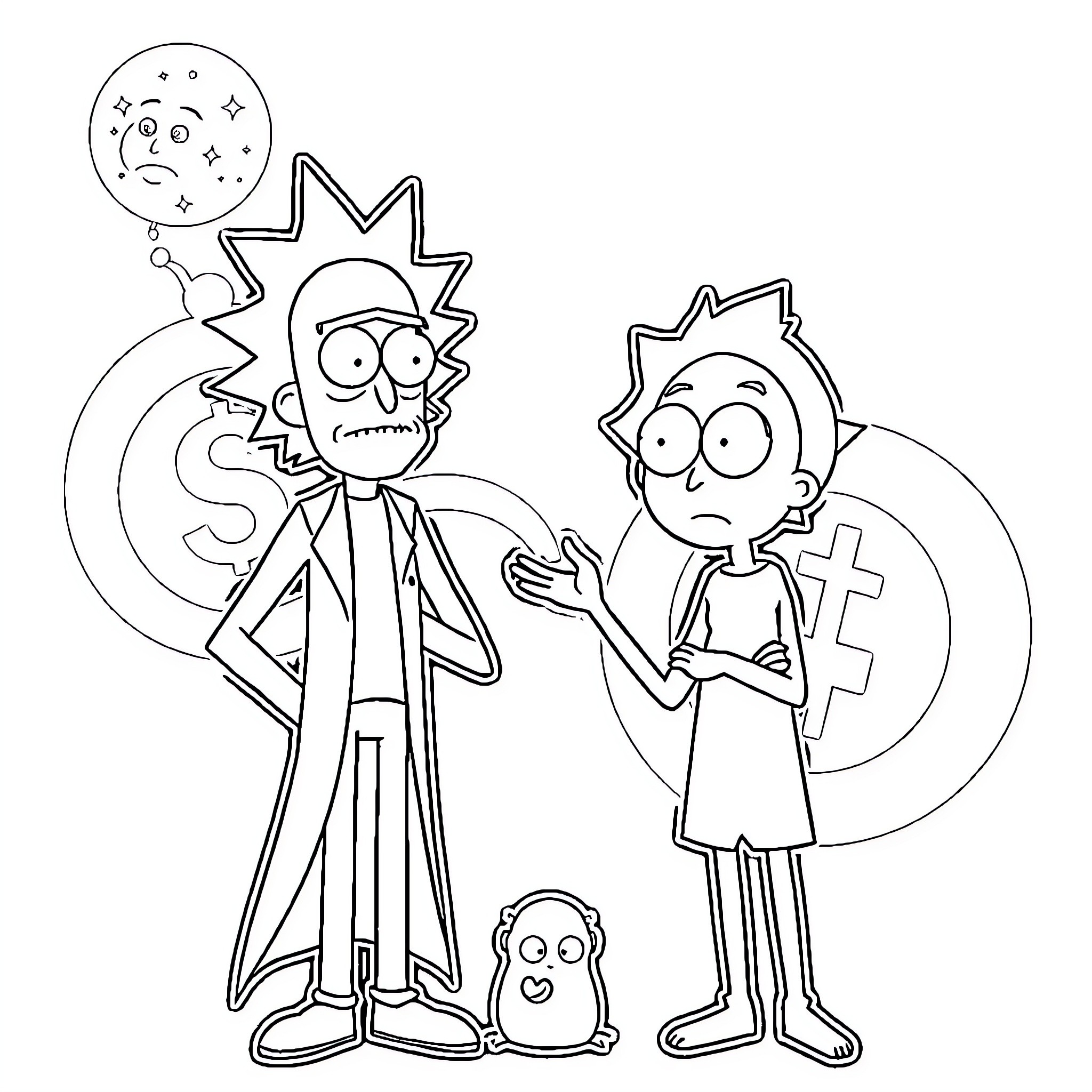 Rick And Morty Interstellar Adventure Coloring Page (free black-and-white line drawing printable PDF for all, from beginners to advanced learners, including children, teens, adults, and seniors)