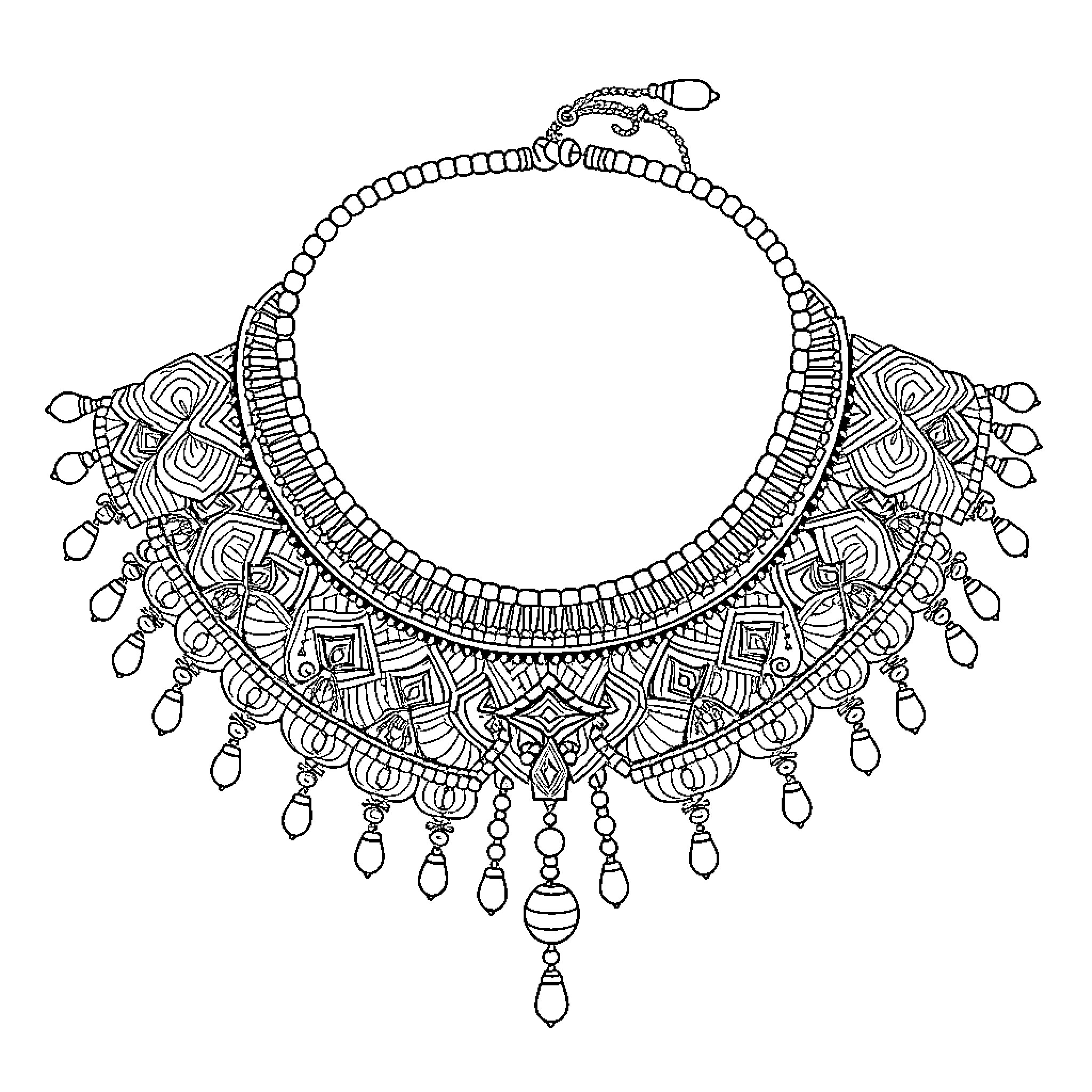 Necklace with intricate patterns and hanging charms Coloring Page (free black-and-white line drawing printable PDF for all, from beginners to advanced learners, including children, teens, adults, and seniors)