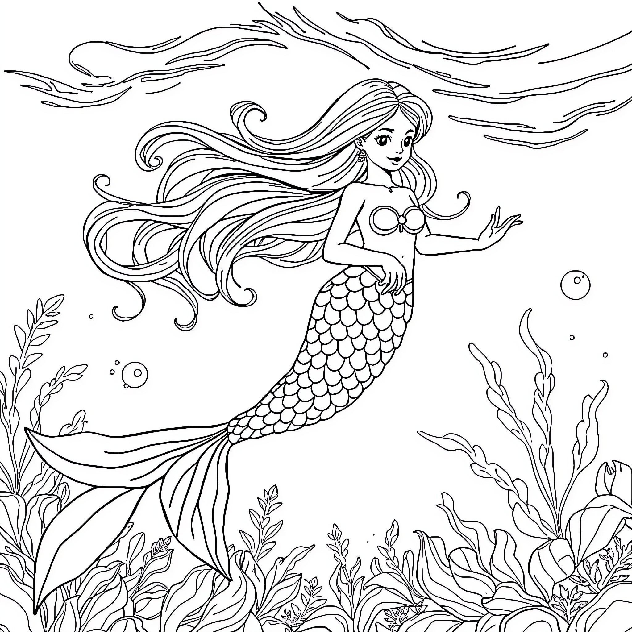 Mermaid swirling gracefully in the underwater garden Coloring Page (free black-and-white line drawing printable PDF for all, from beginners to advanced learners, including children, teens, adults, and seniors)