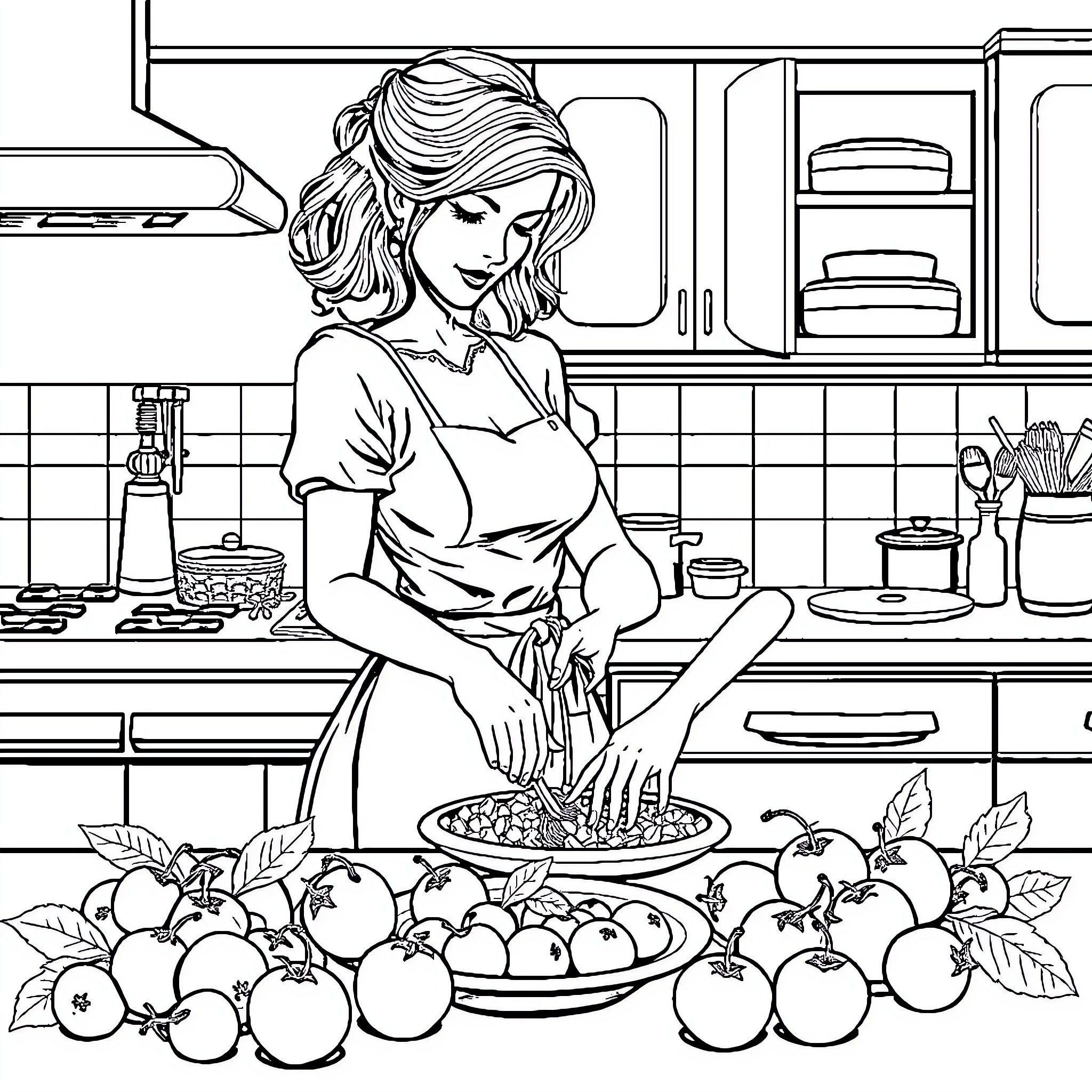 Femme working diligently in the kitchen Coloring Page (free black-and-white line drawing printable PDF for all, from beginners to advanced learners, including children, teens, adults, and seniors)