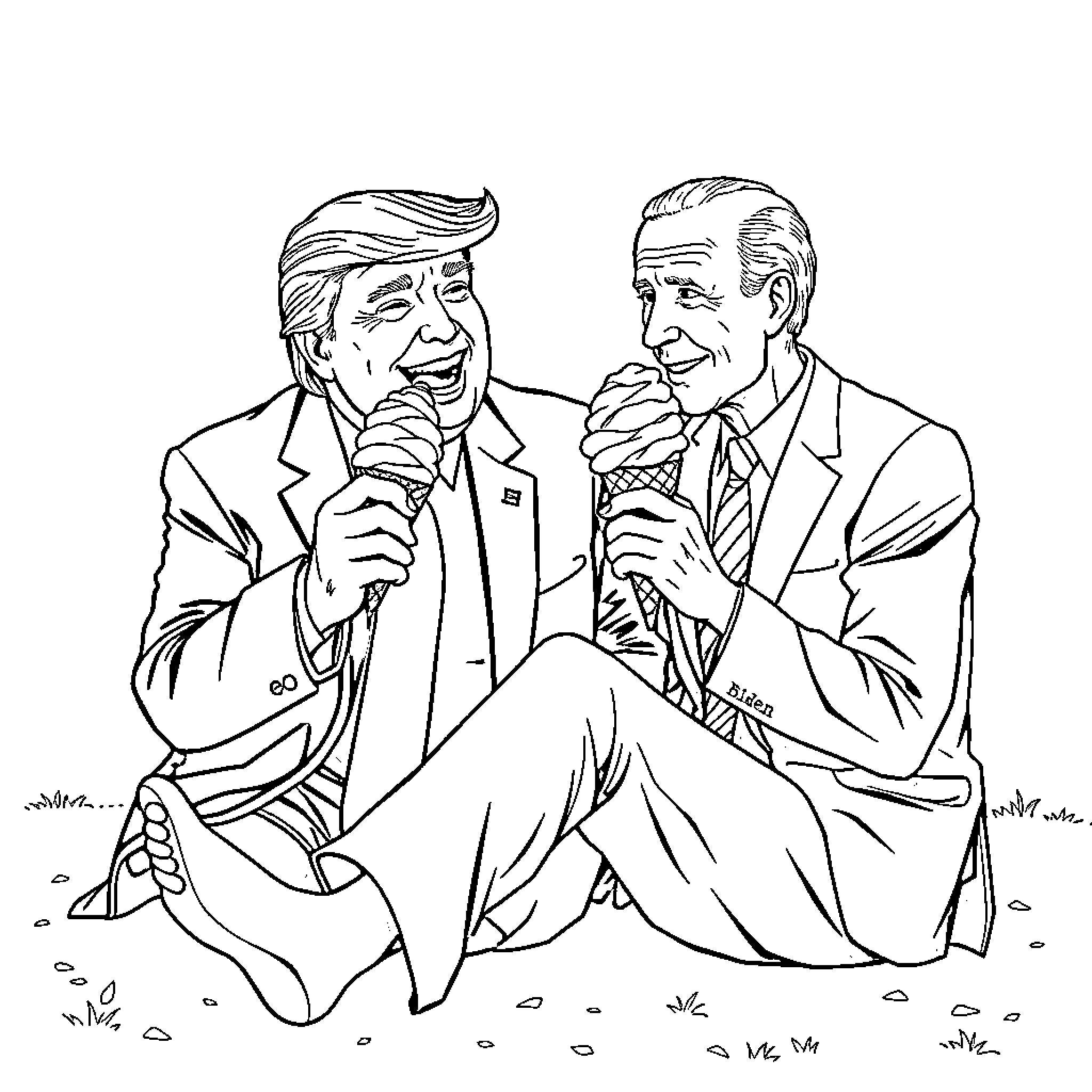 Trump speaking animatedly with another businessman in formal attire Coloring Page (free black-and-white line drawing printable PDF for all, from beginners to advanced learners, including children, teens, adults, and seniors)