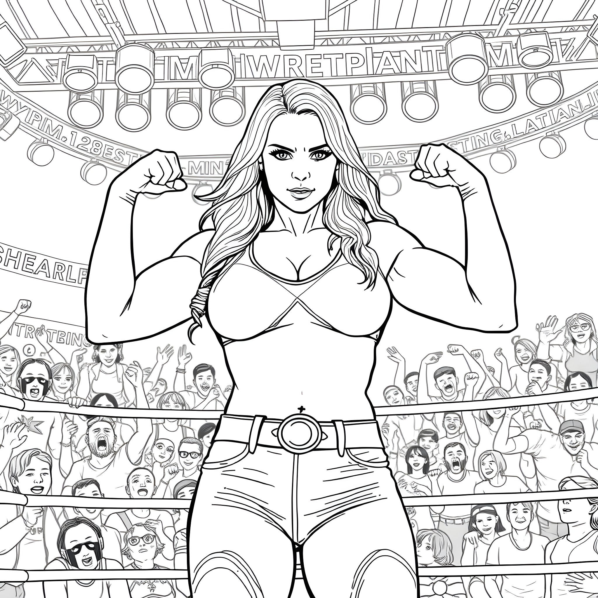 Rhea Ripley Flexing in the Wrestling Ring Coloring Page (free black-and-white line drawing printable PDF for all, from beginners to advanced learners, including children, teens, adults, and seniors)