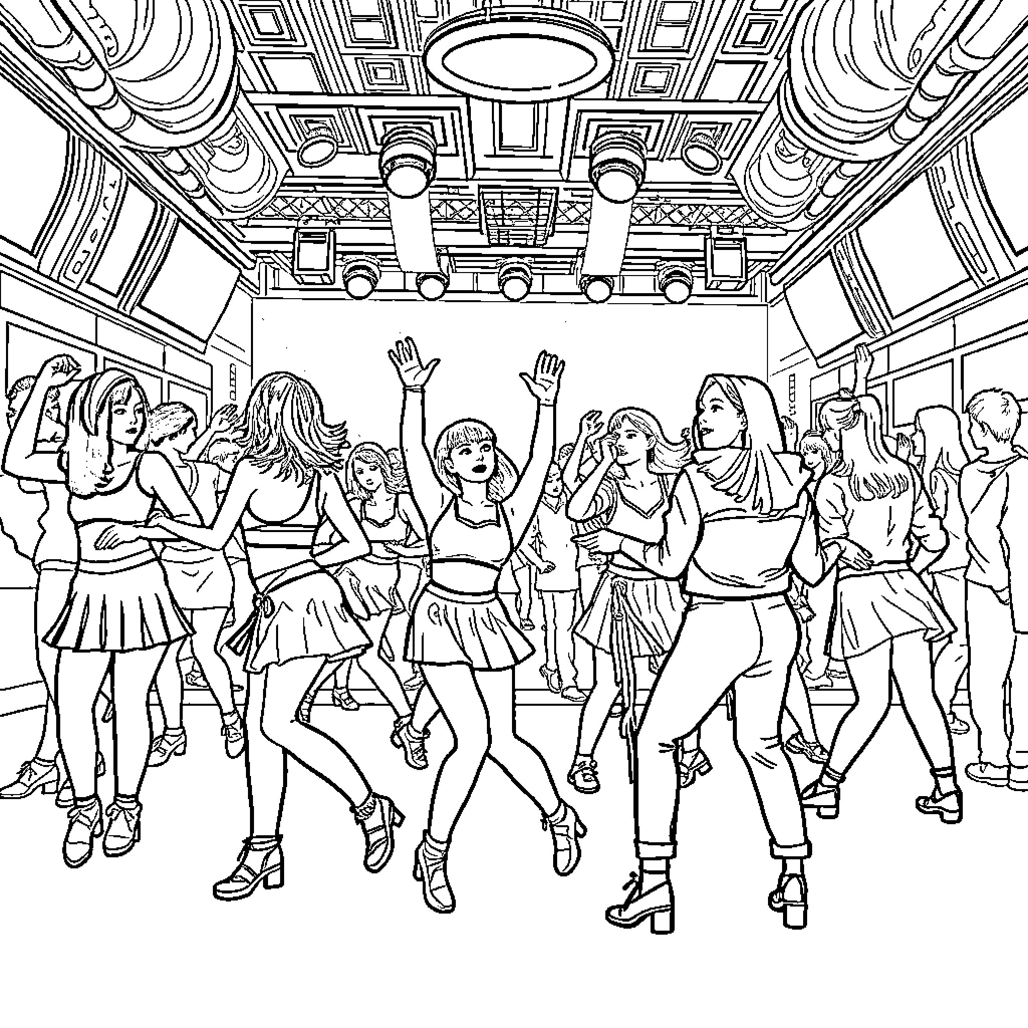 Kpop Performers Energetically Dancing on Stage Coloring Page (free black-and-white line drawing printable PDF for all, from beginners to advanced learners, including children, teens, adults, and seniors)