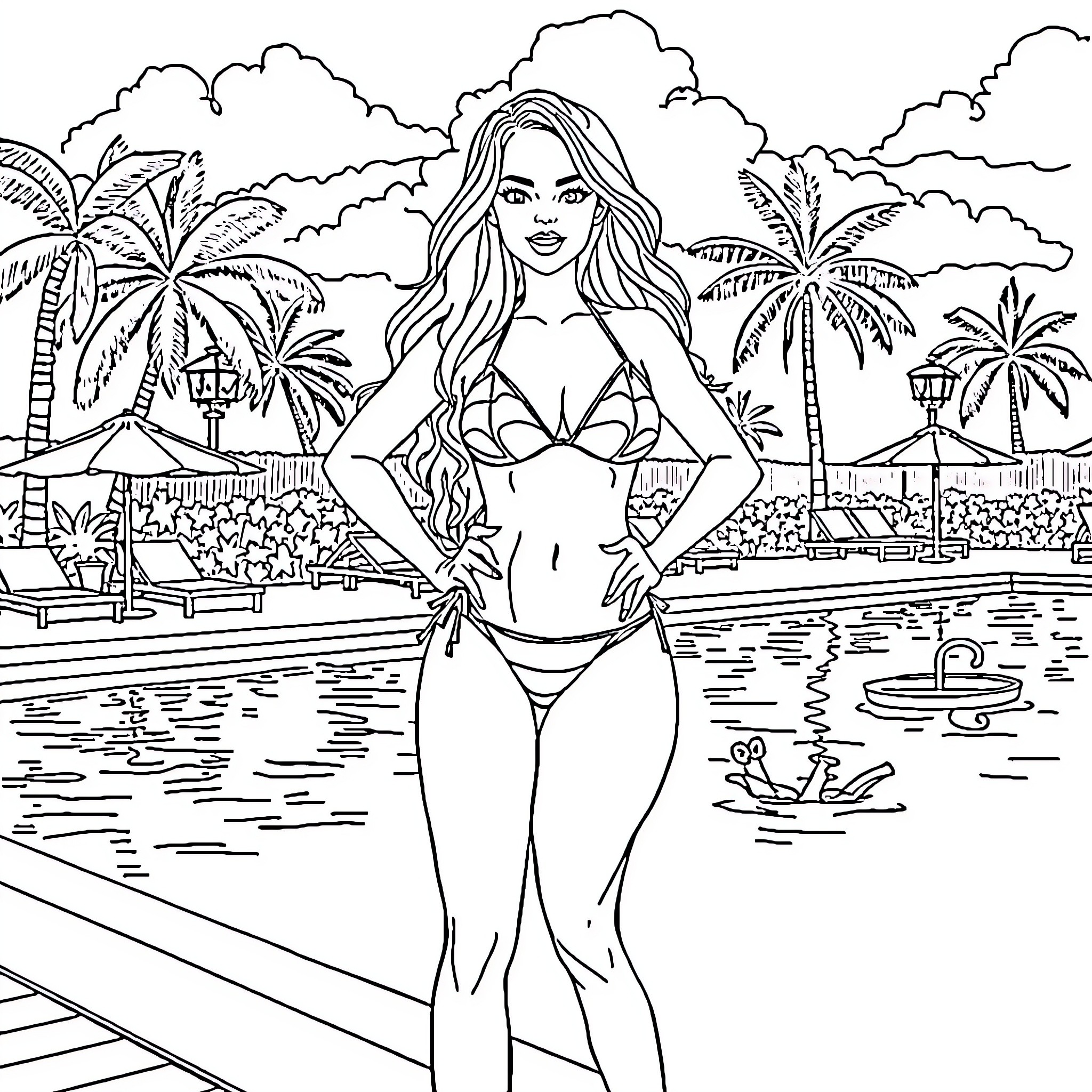 LeBron relaxing in a tropical paradise Coloring Page (free black-and-white line drawing printable PDF for all, from beginners to advanced learners, including children, teens, adults, and seniors)