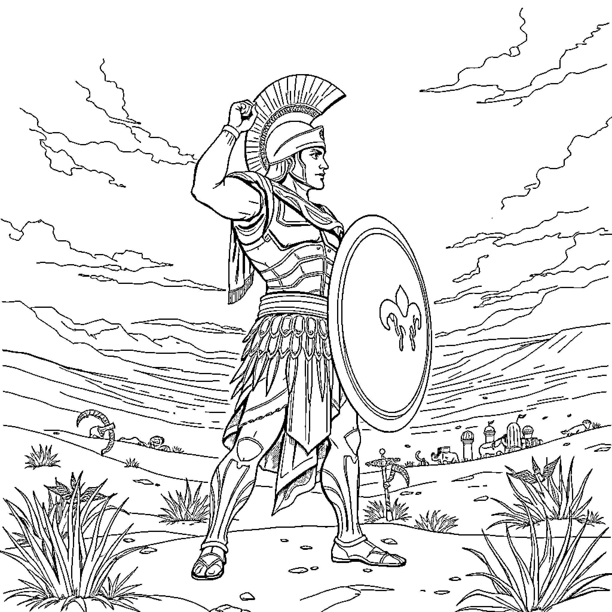 Achilles standing strong in ancient Greek warrior attire Coloring Page (free black-and-white line drawing printable PDF for all, from beginners to advanced learners, including children, teens, adults, and seniors)