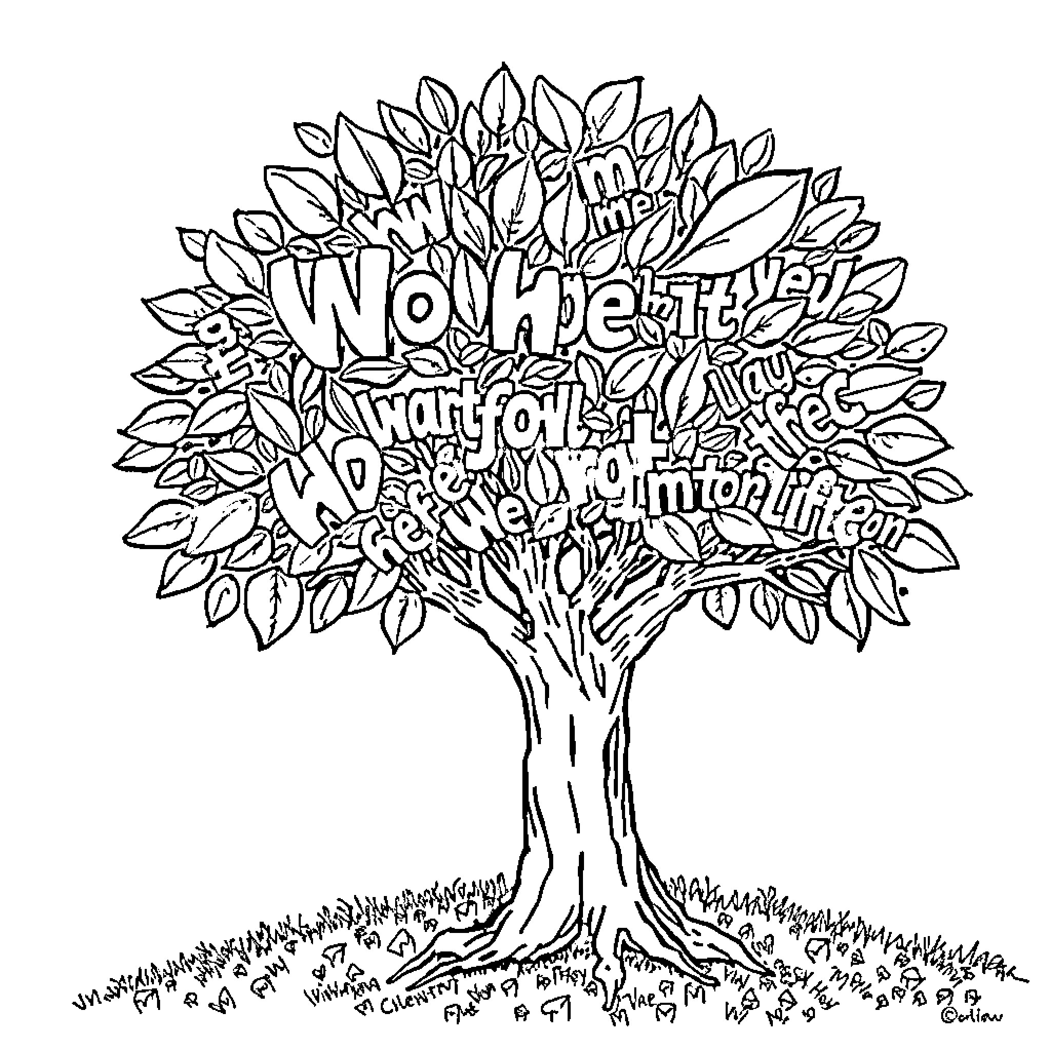 Tree with Inspiring Lettering and Leaves Coloring Page (free black-and-white line drawing printable PDF for all, from beginners to advanced learners, including children, teens, adults, and seniors)