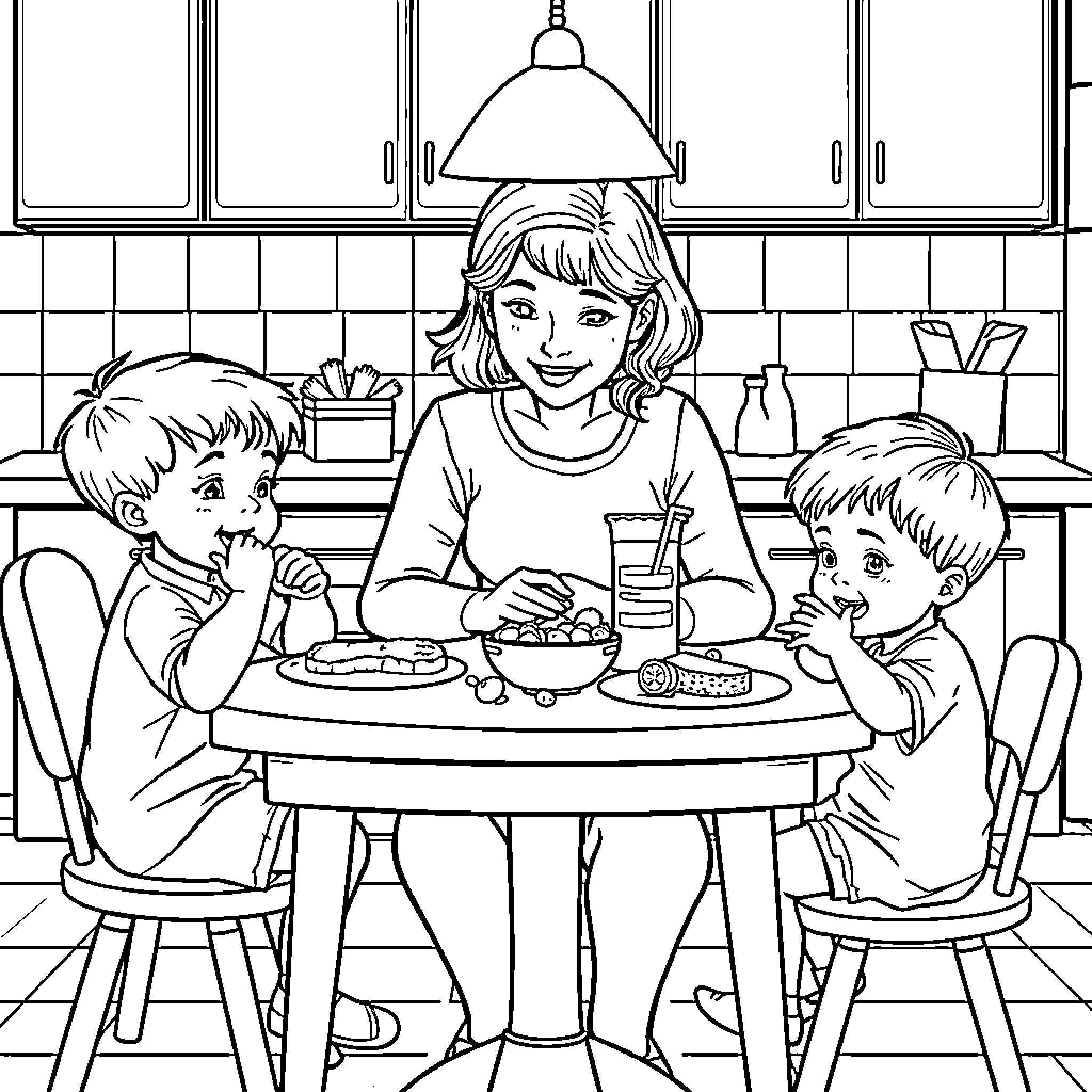 Mother Enjoying Family Mealtime in Kitchen Coloring Page (free black-and-white line drawing printable PDF for all, from beginners to advanced learners, including children, teens, adults, and seniors)