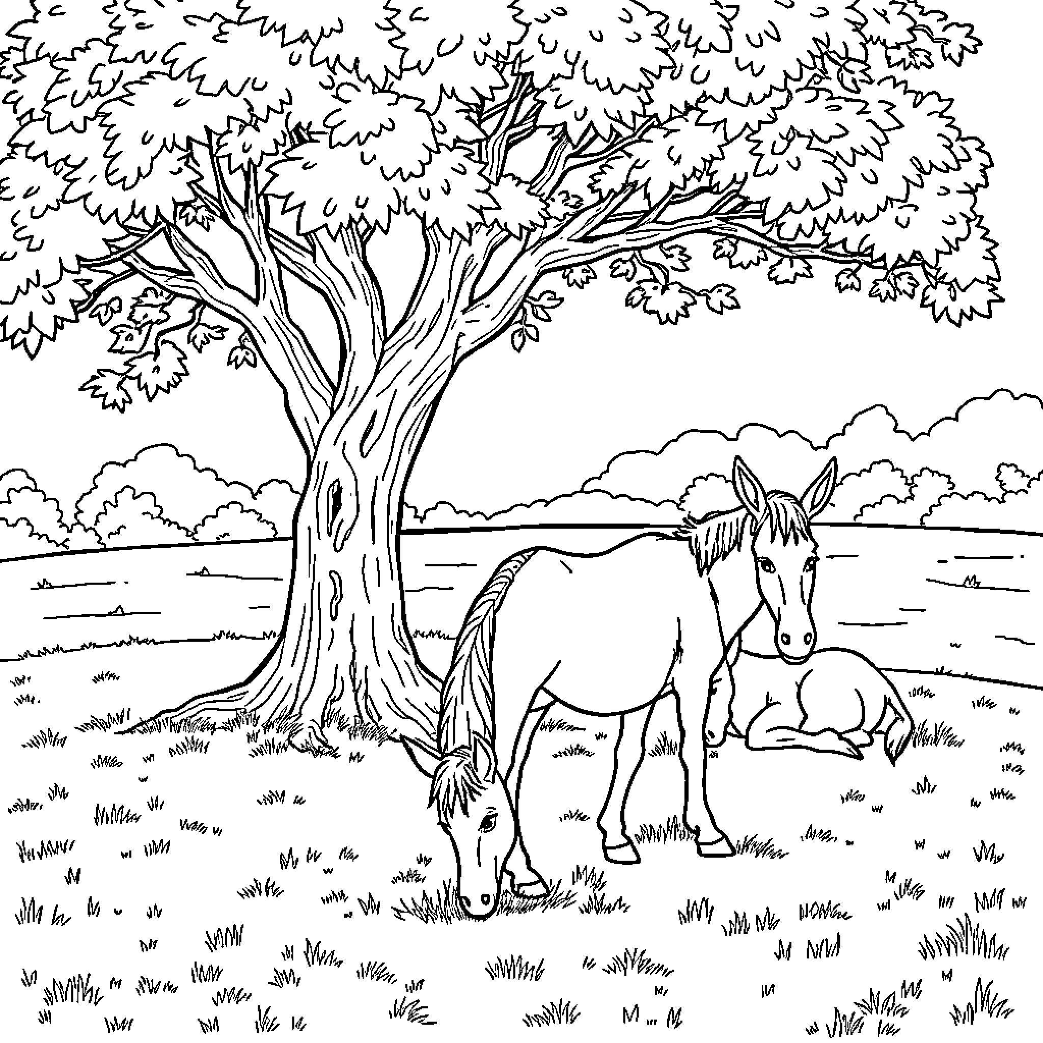 Horse and Donkey resting in a peaceful meadow Coloring Page (free black-and-white line drawing printable PDF for all, from beginners to advanced learners, including children, teens, adults, and seniors)