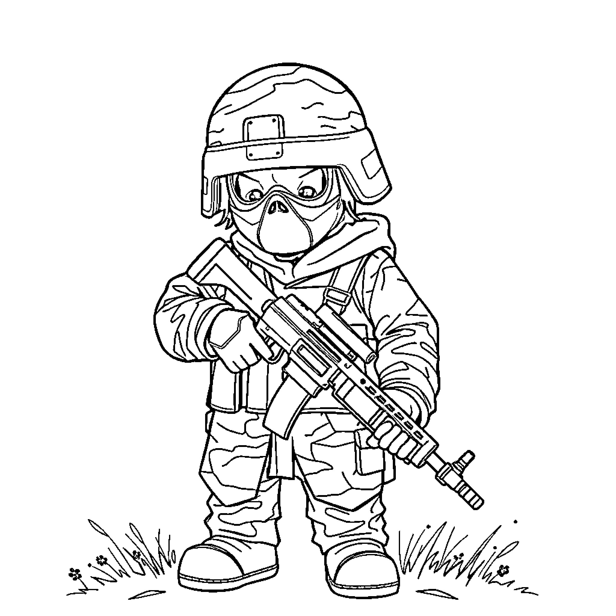 Marine in Tactical Gear with Weapon Coloring Page (free black-and-white line drawing printable PDF for all, from beginners to advanced learners, including children, teens, adults, and seniors)