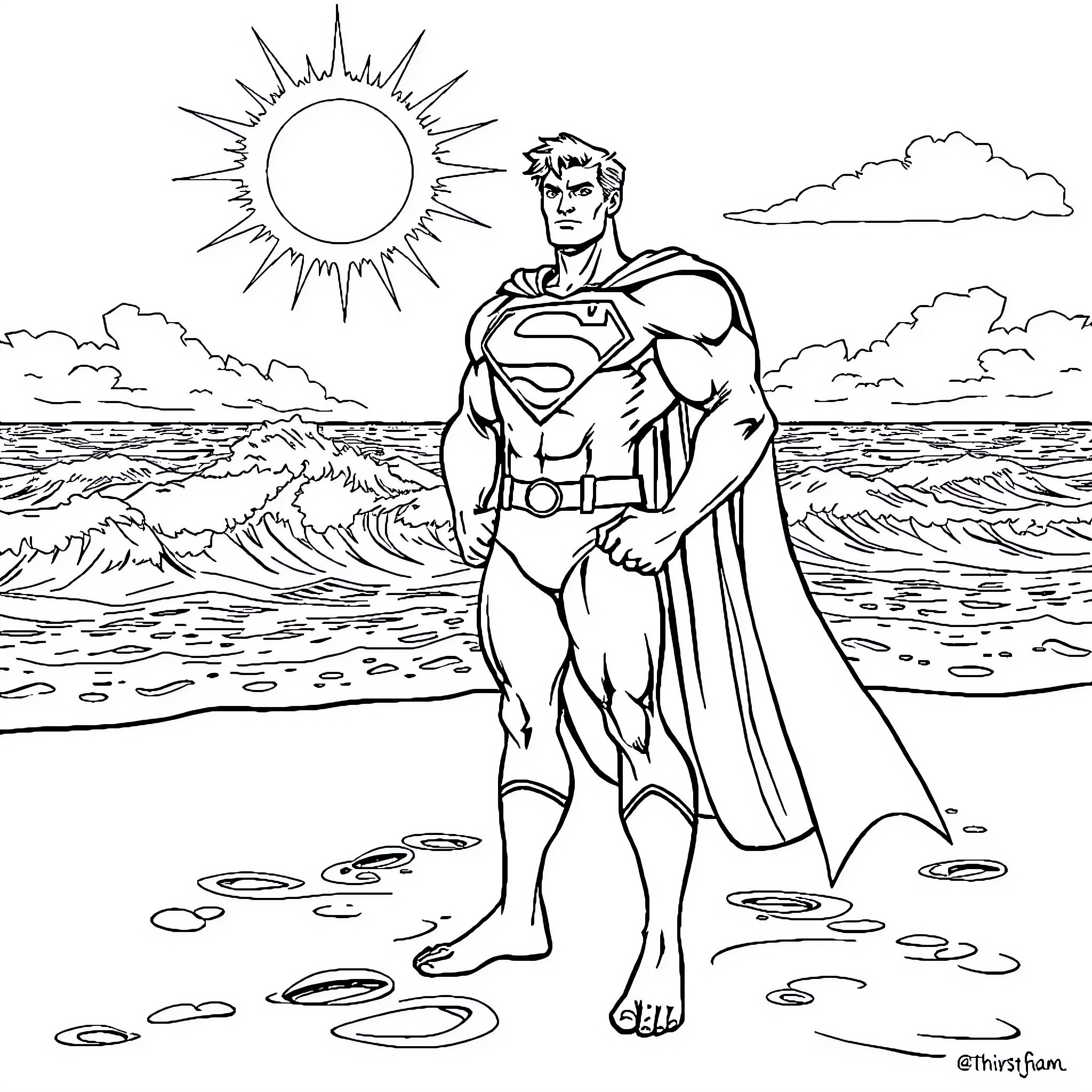 Superman Stands Heroically on the Beach Coloring Page (free black-and-white line drawing printable PDF for all, from beginners to advanced learners, including children, teens, adults, and seniors)