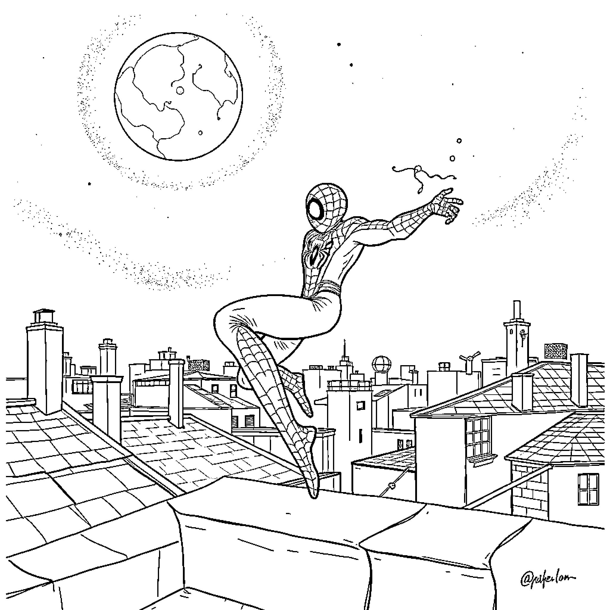 Spiderman swinging through the city at night Coloring Page (free black-and-white line drawing printable PDF for all, from beginners to advanced learners, including children, teens, adults, and seniors)
