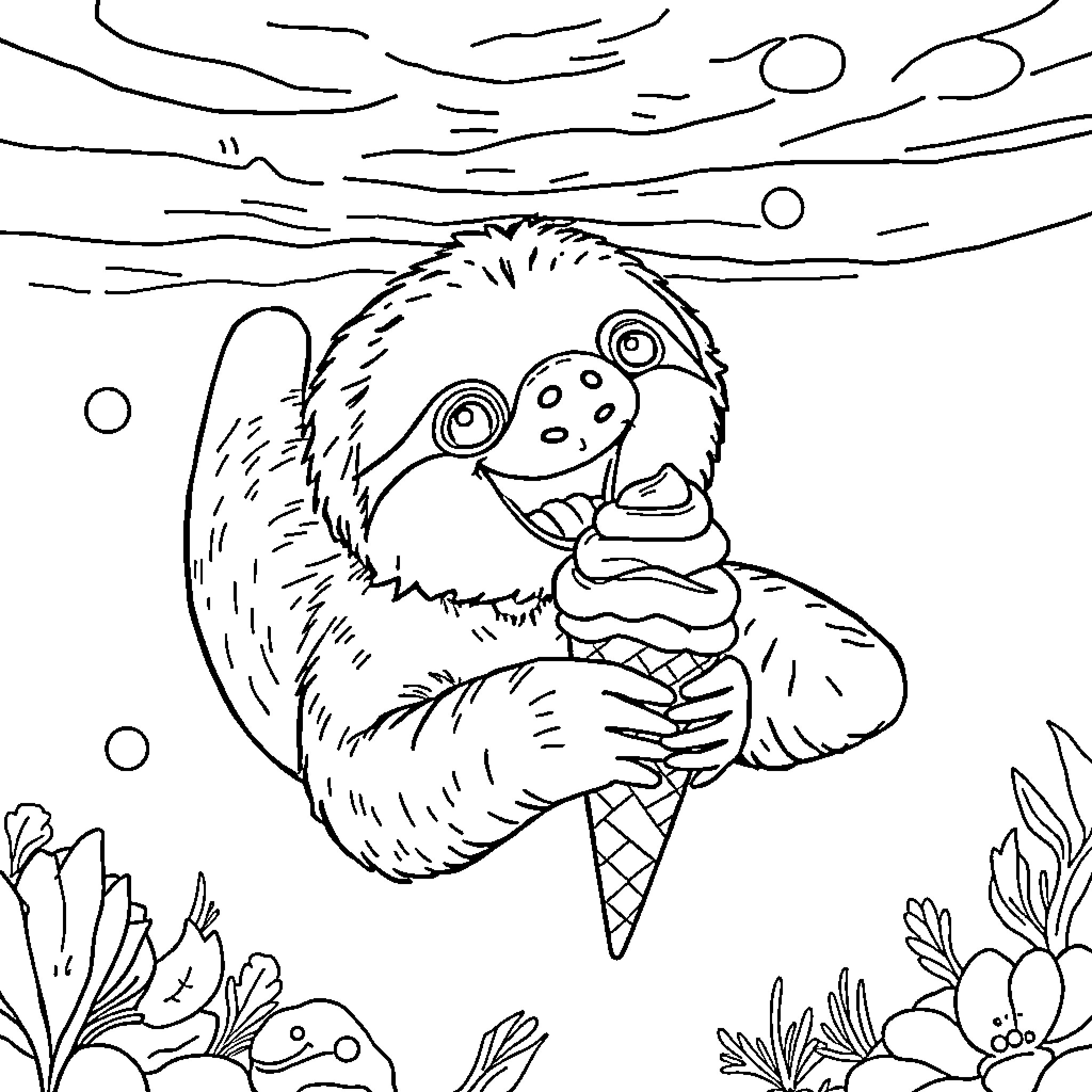 Sloth enjoying delightful ice cream treat in nature Coloring Page (free black-and-white line drawing printable PDF for all, from beginners to advanced learners, including children, teens, adults, and seniors)