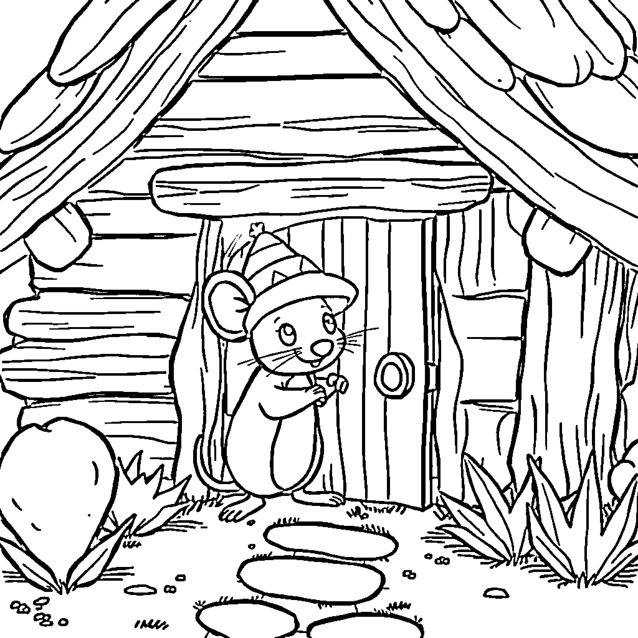 Mouse exploring a cozy cabin in the woods Coloring Page (free black-and-white line drawing printable PDF for all, from beginners to advanced learners, including children, teens, adults, and seniors)