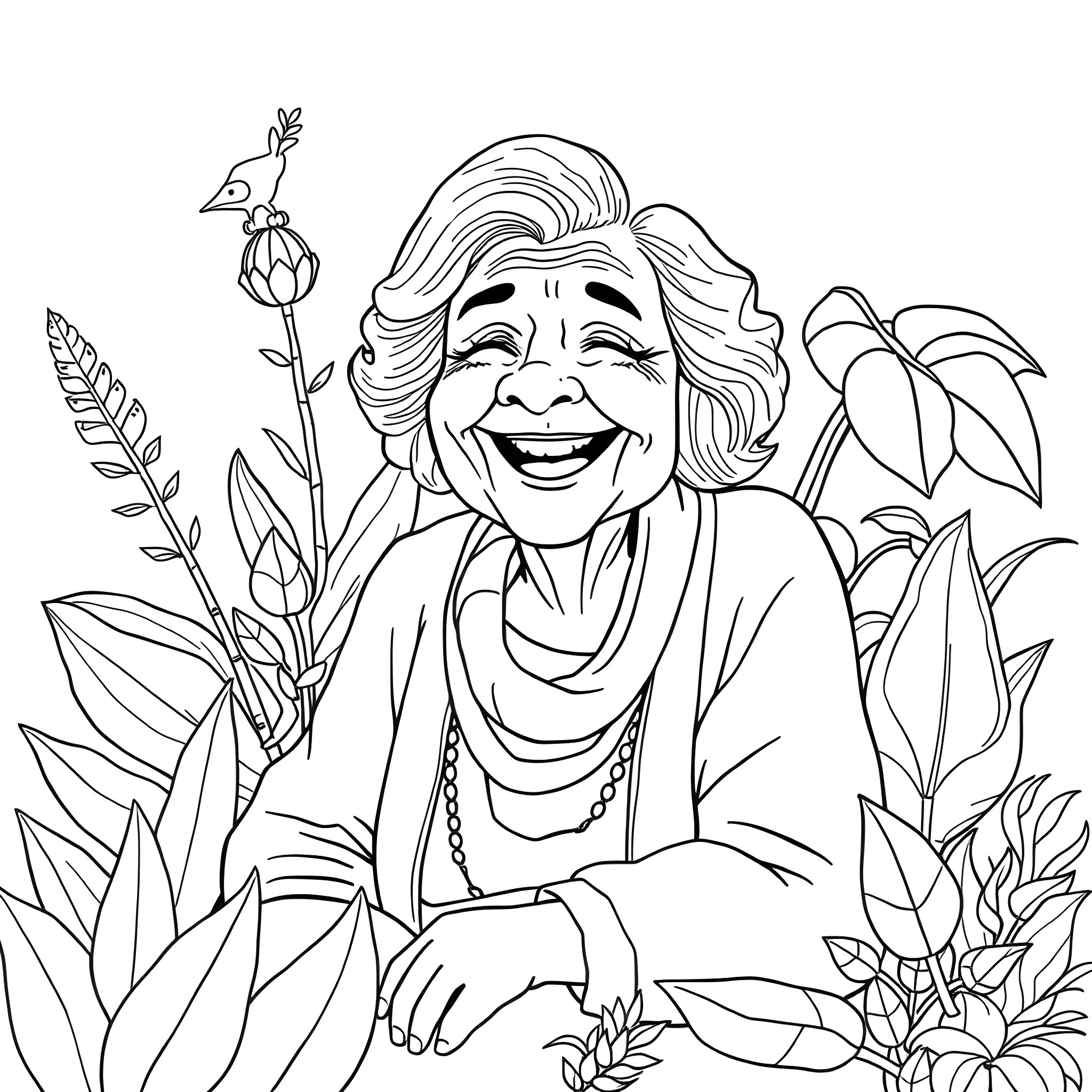 Granny surrounded by nature's beauty Coloring Page (free black-and-white line drawing printable PDF for all, from beginners to advanced learners, including children, teens, adults, and seniors)