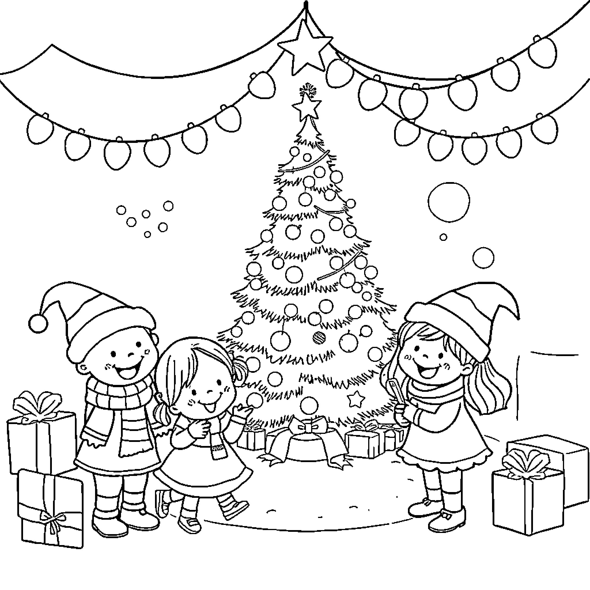 Christmas Family Fun with Decorated Tree Coloring Page (free black-and-white line drawing printable PDF for all, from beginners to advanced learners, including children, teens, adults, and seniors)