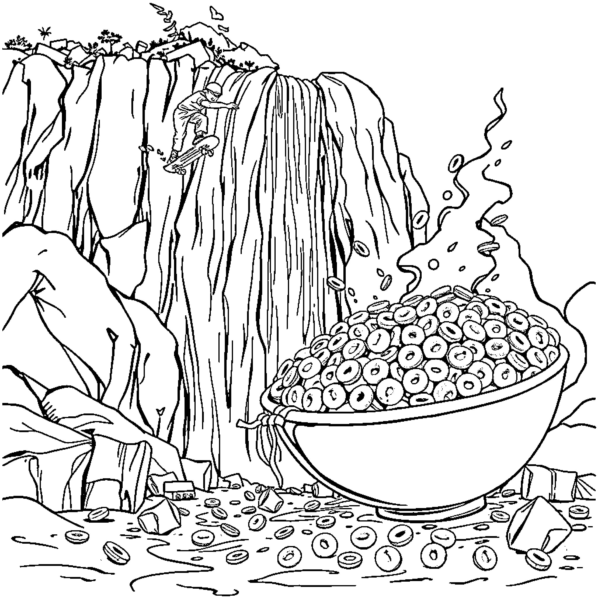 Skateboarding through a fantastical landscape Coloring Page (free black-and-white line drawing printable PDF for all, from beginners to advanced learners, including children, teens, adults, and seniors)
