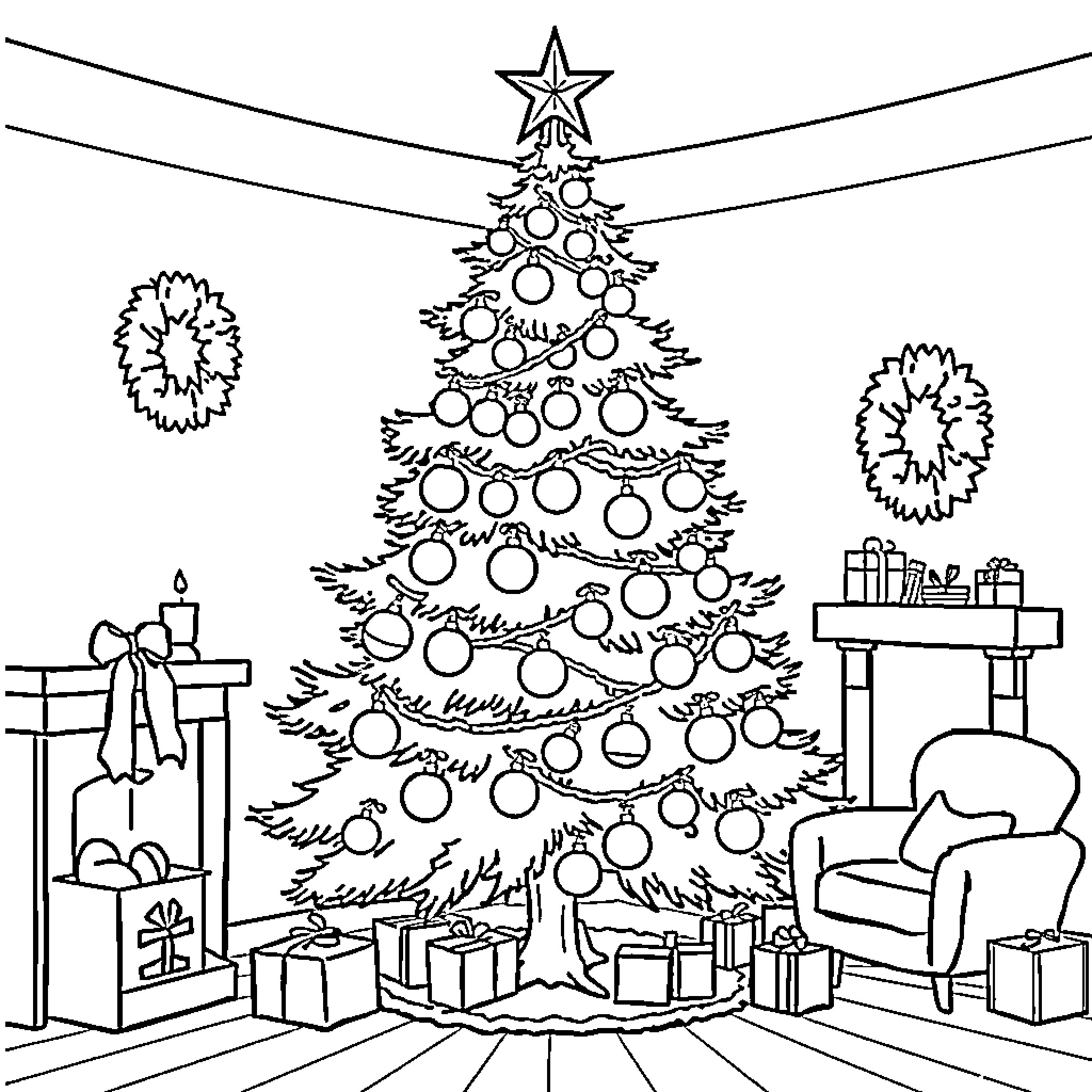 Christmas Tree with Decorations and Gifts Coloring Page (free black-and-white line drawing printable PDF for all, from beginners to advanced learners, including children, teens, adults, and seniors)