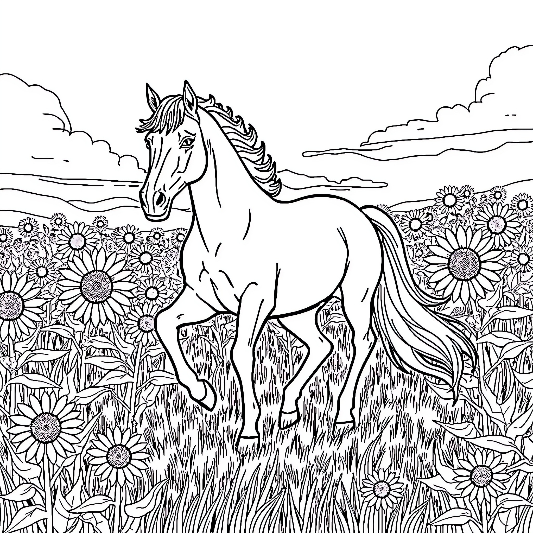 Horse galloping through a sunflower field Coloring Page (free black-and-white line drawing printable PDF for all, from beginners to advanced learners, including children, teens, adults, and seniors)