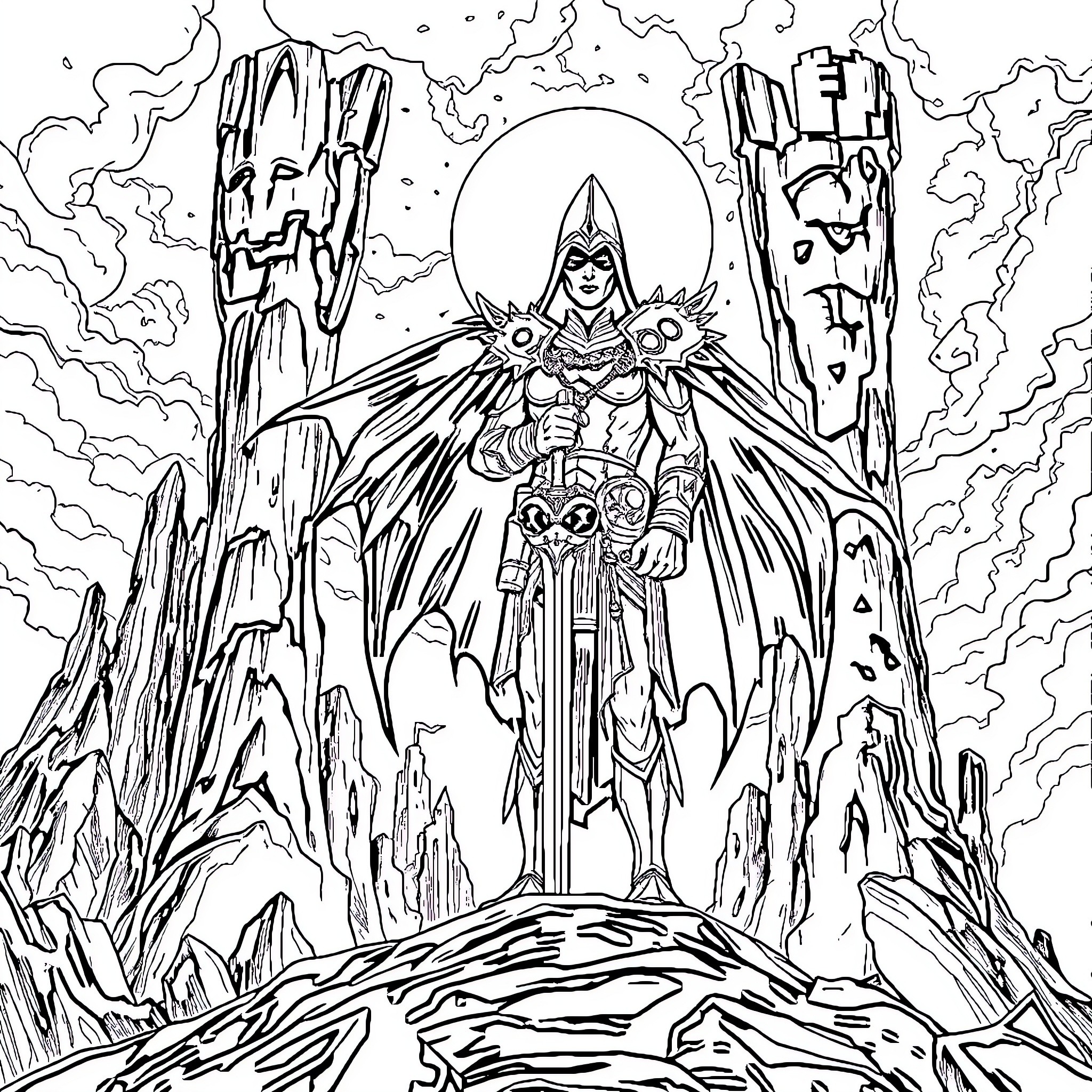 Keeper Of The Lost Cities: Powerful Winged Warrior in a Mystical Realm Coloring Page (free black-and-white line drawing printable PDF for all, from beginners to advanced learners, including children, teens, adults, and seniors)