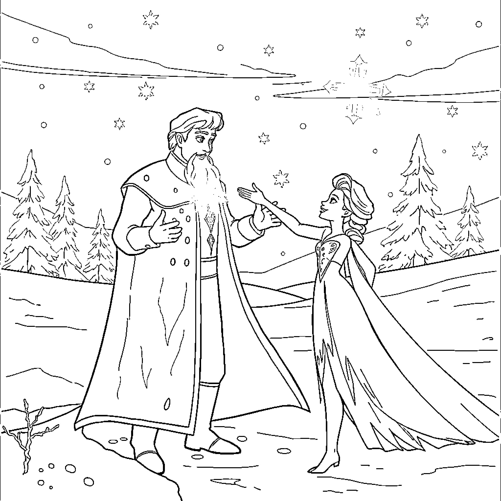 Elsa and Kristoff share a winter wonderland embrace Coloring Page (free black-and-white line drawing printable PDF for all, from beginners to advanced learners, including children, teens, adults, and seniors)