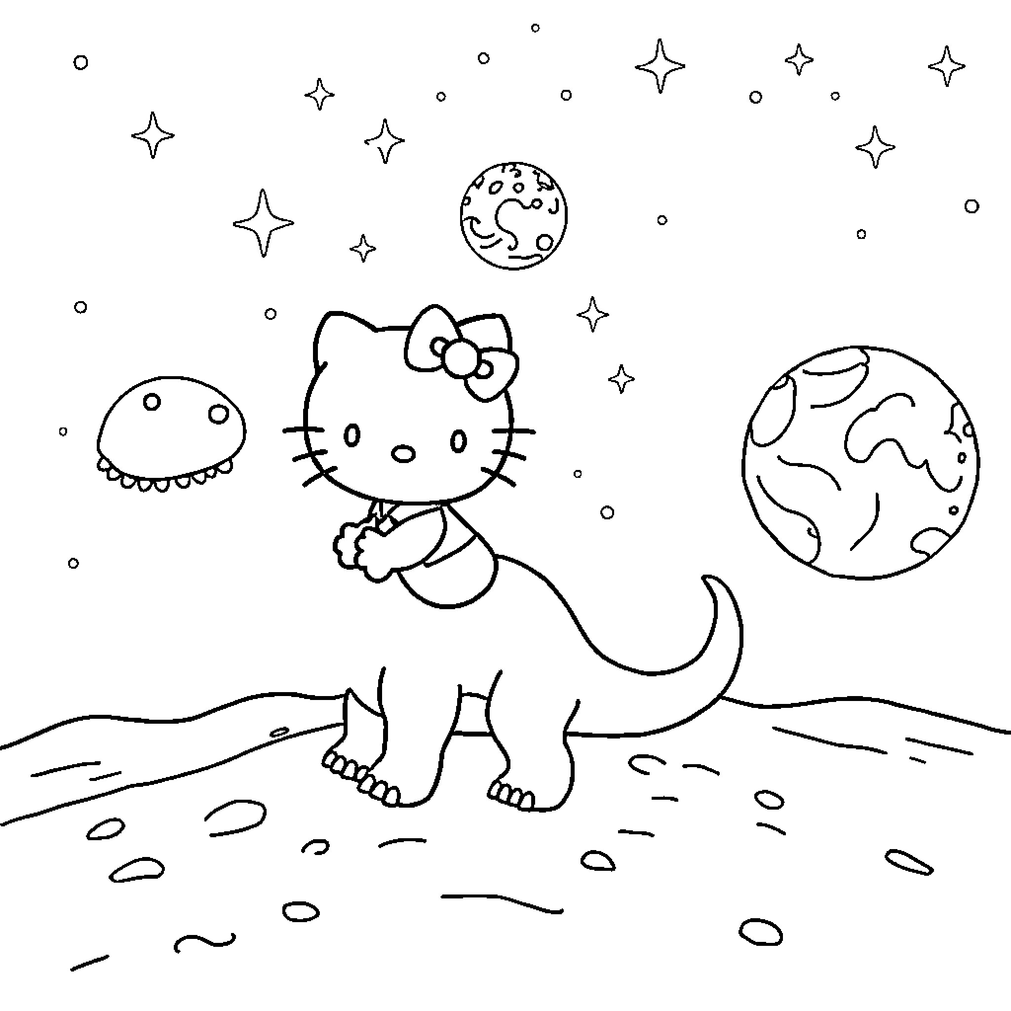 Hello Kitty exploring the galaxy with dinosaurs Coloring Page (free black-and-white line drawing printable PDF for all, from beginners to advanced learners, including children, teens, adults, and seniors)