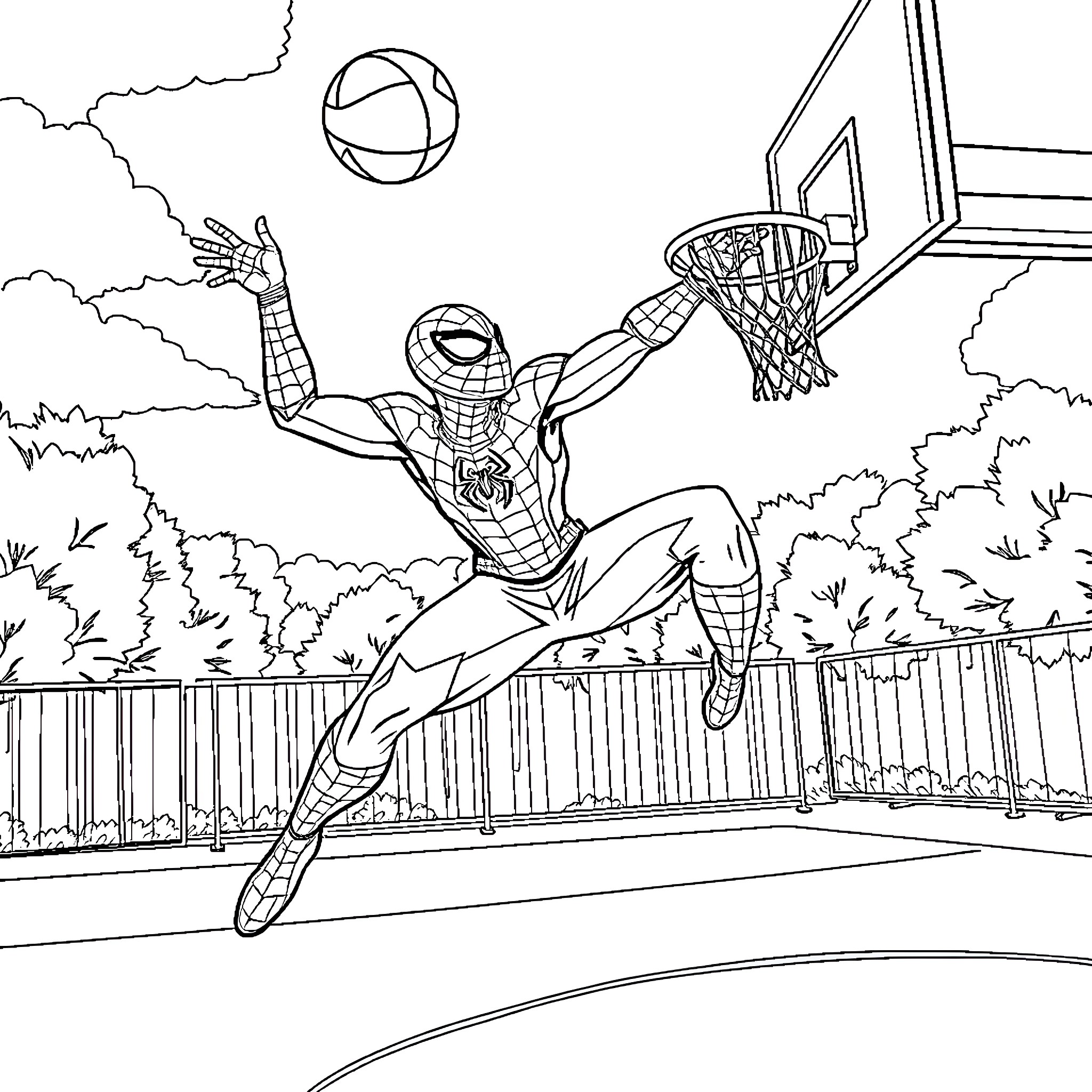 Spiderman playing basketball on the court Coloring Page (free black-and-white line drawing printable PDF for all, from beginners to advanced learners, including children, teens, adults, and seniors)