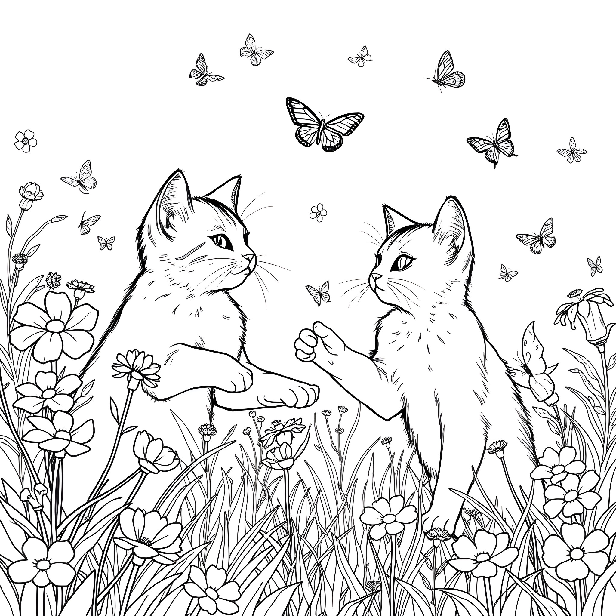 Cats in Floral Garden with Butterflies Coloring Page (free black-and-white line drawing printable PDF for all, from beginners to advanced learners, including children, teens, adults, and seniors)