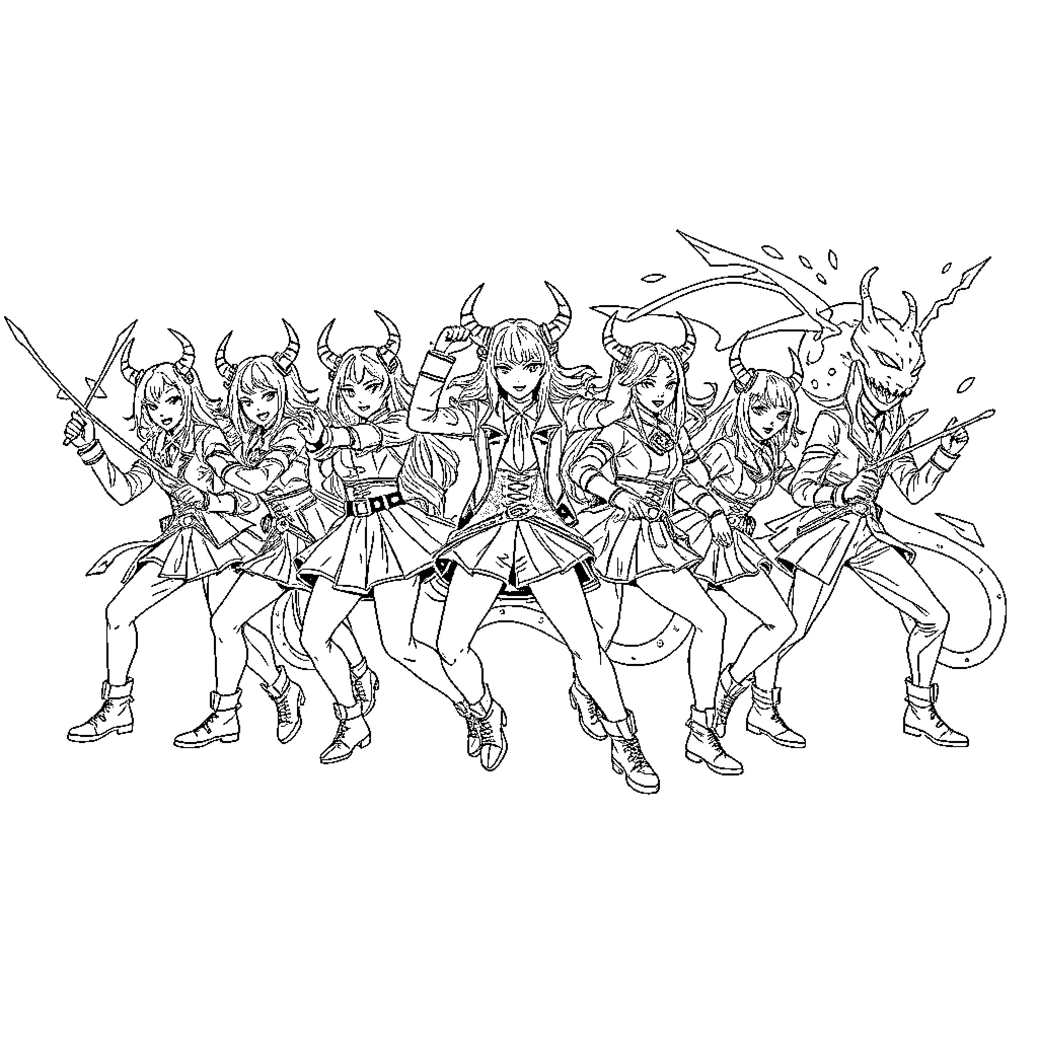 Demon Hunter Squad in Fierce Battle Pose Coloring Page (free black-and-white line drawing printable PDF for all, from beginners to advanced learners, including children, teens, adults, and seniors)