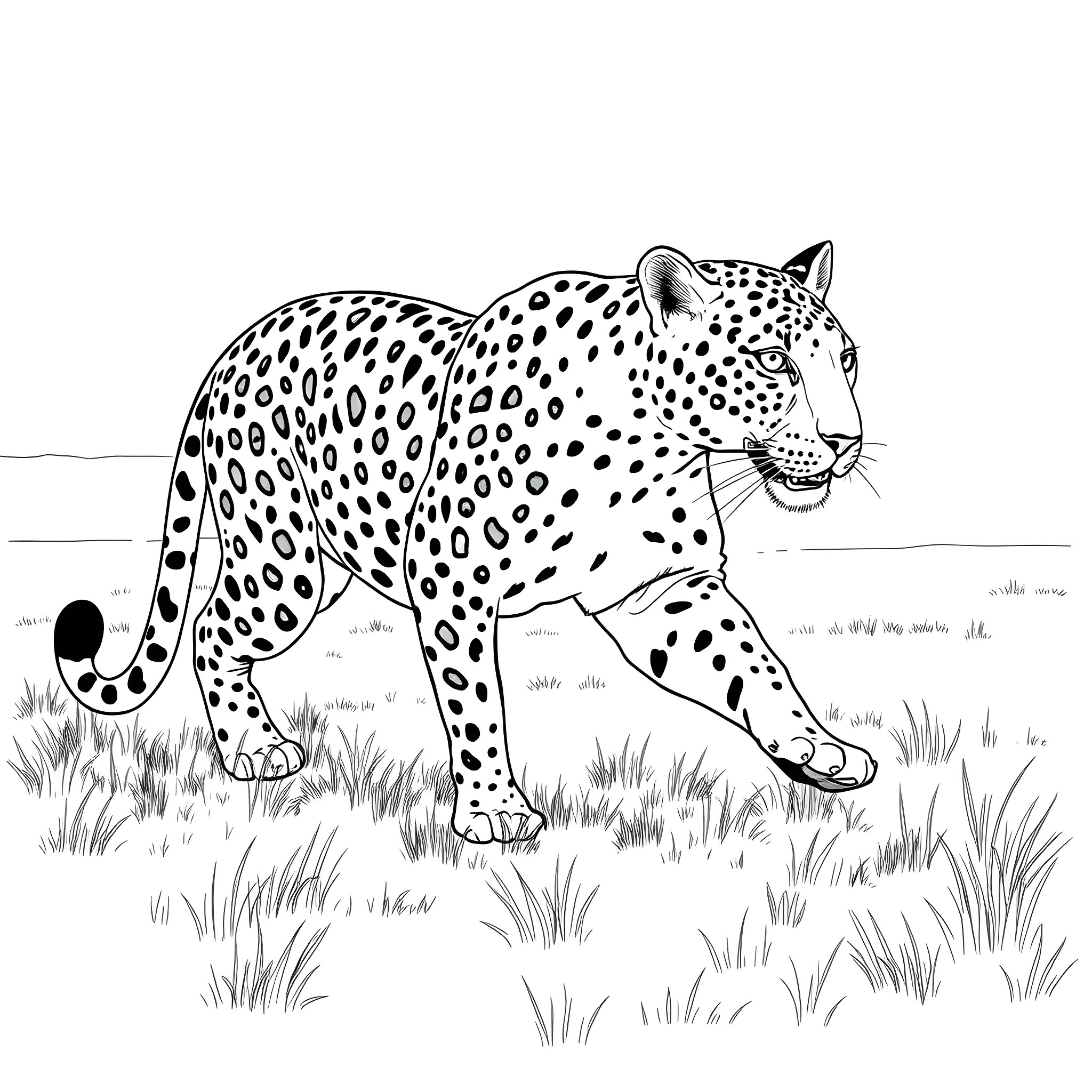 Leopard stalking in the wilderness Coloring Page (free black-and-white line drawing printable PDF for all, from beginners to advanced learners, including children, teens, adults, and seniors)