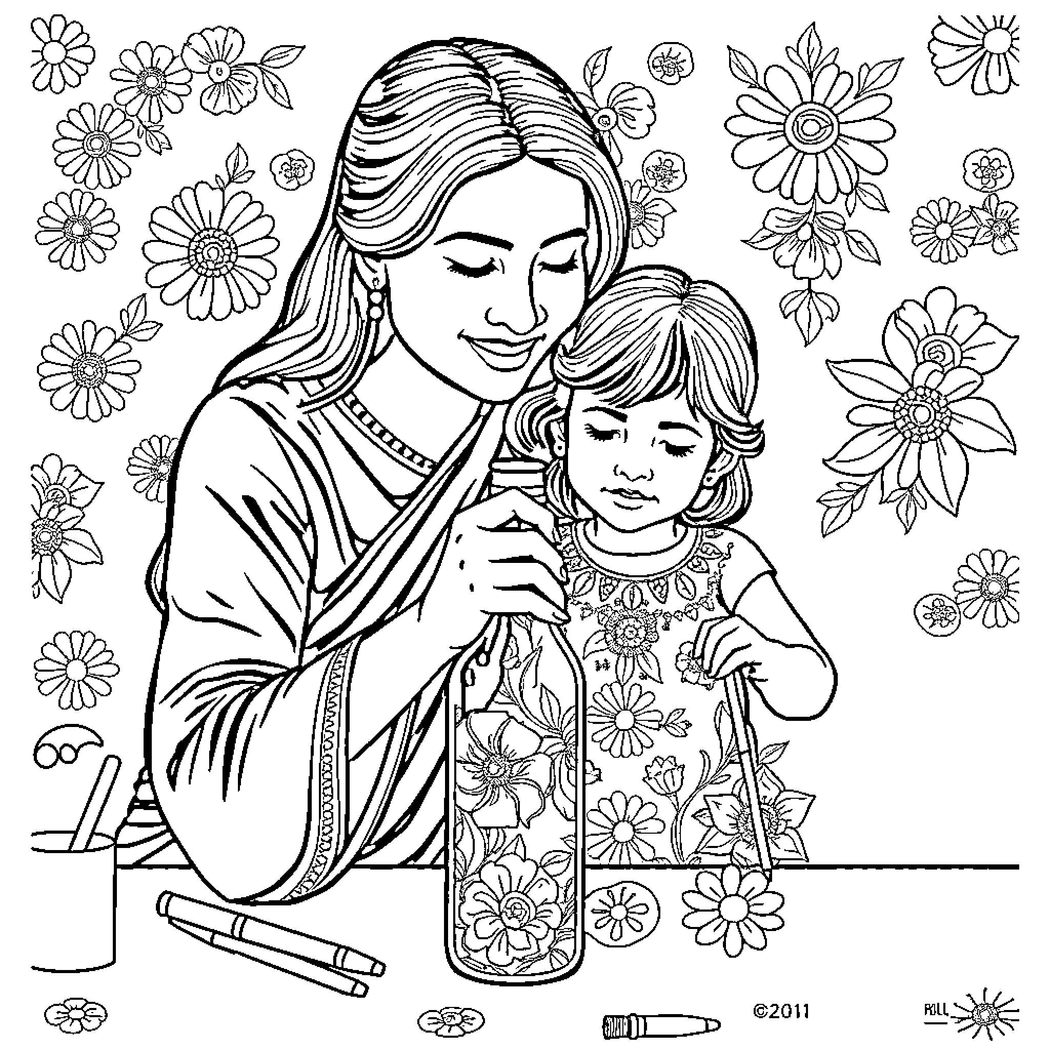 Bottle Flower Coloring with Mother and Child Coloring Page (free black-and-white line drawing printable PDF for all, from beginners to advanced learners, including children, teens, adults, and seniors)