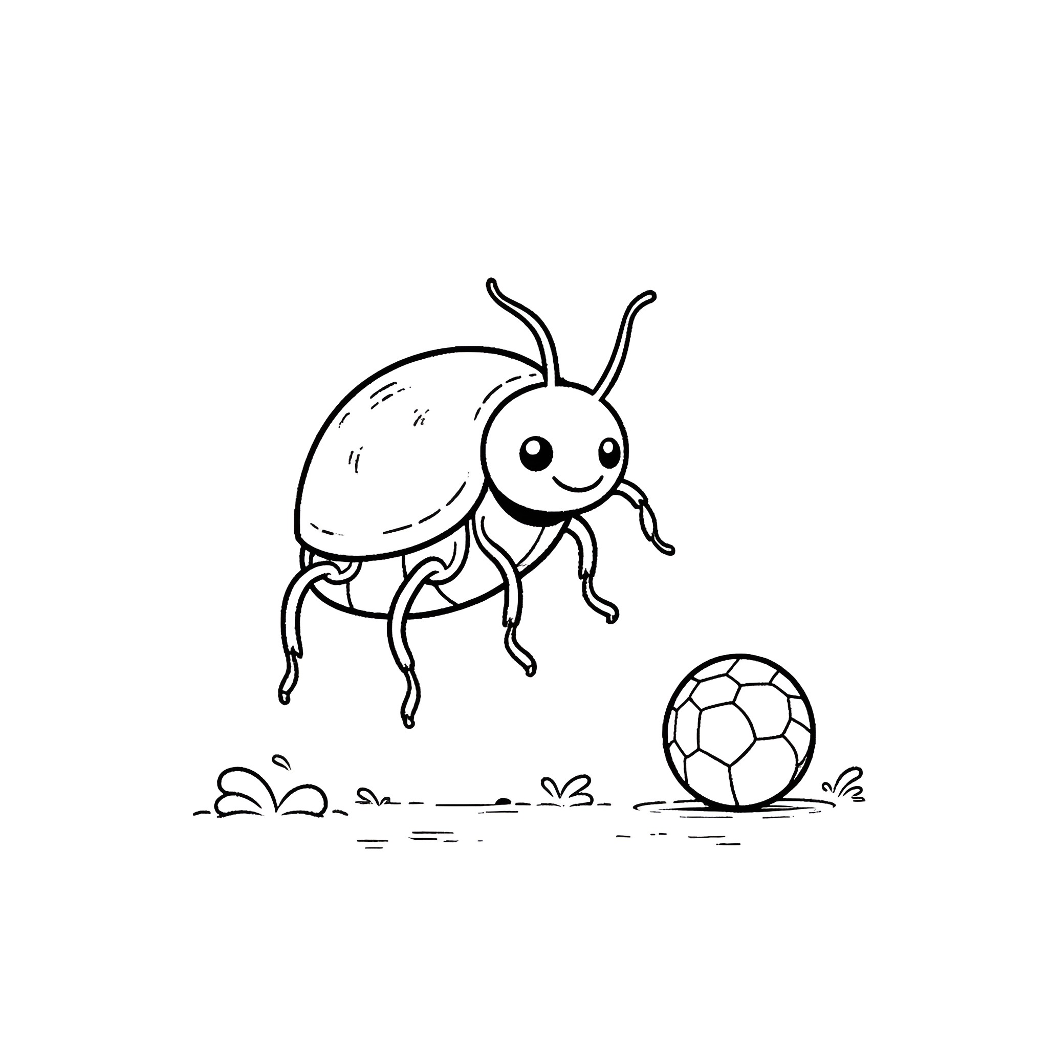 Dung Beetle playing with a soccer ball Coloring Page (free black-and-white line drawing printable PDF for all, from beginners to advanced learners, including children, teens, adults, and seniors)