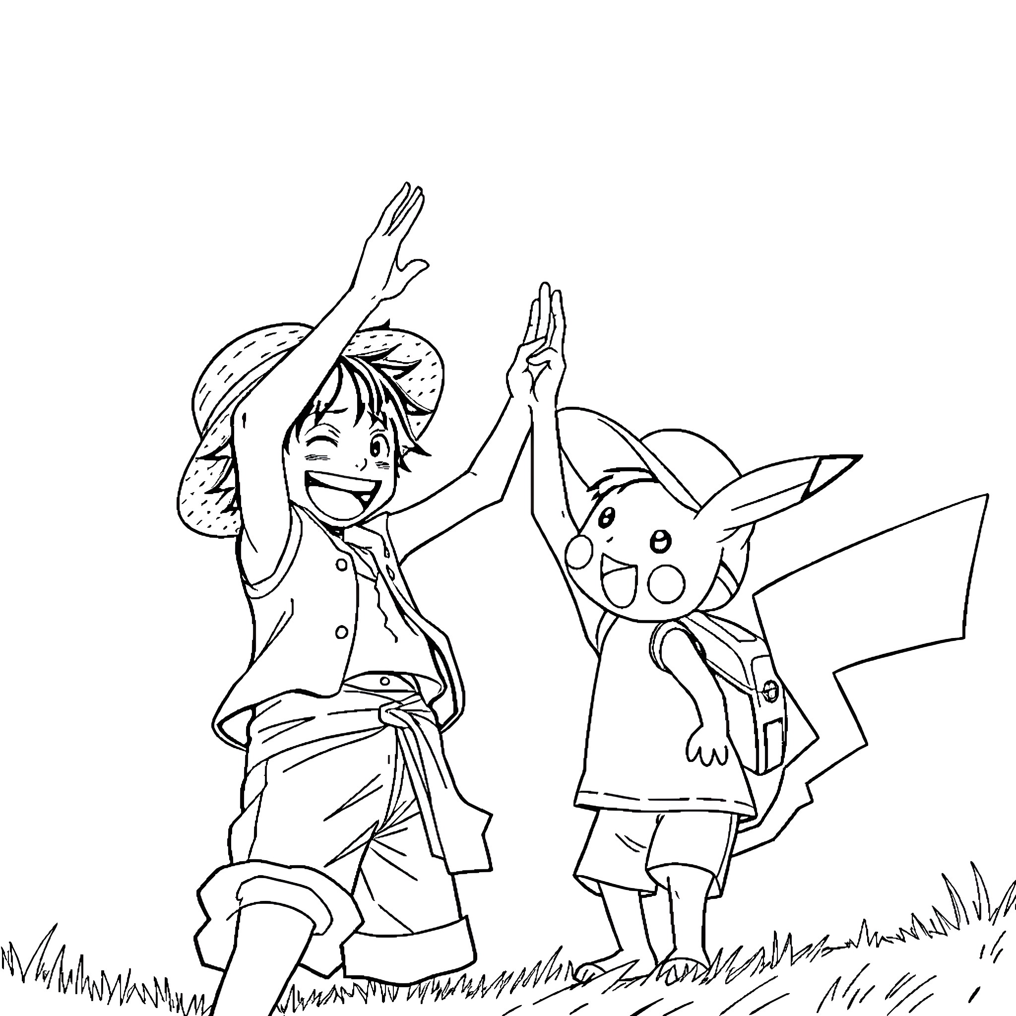 Monkey D Luffy exploring the world with Pikachu Coloring Page (free black-and-white line drawing printable PDF for all, from beginners to advanced learners, including children, teens, adults, and seniors)