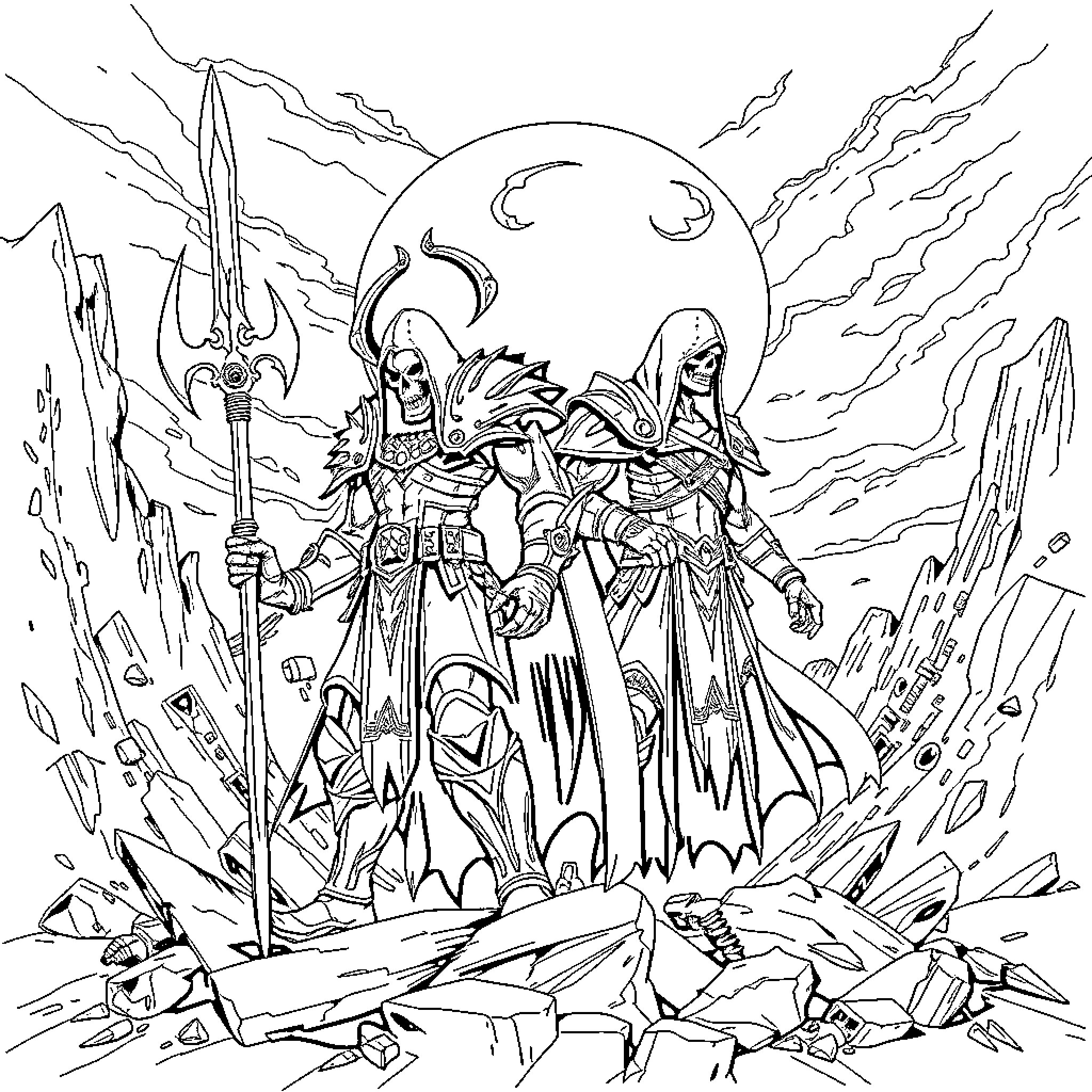 Darksiders - Armored warriors in epic battle stance Coloring Page (free black-and-white line drawing printable PDF for all, from beginners to advanced learners, including children, teens, adults, and seniors)