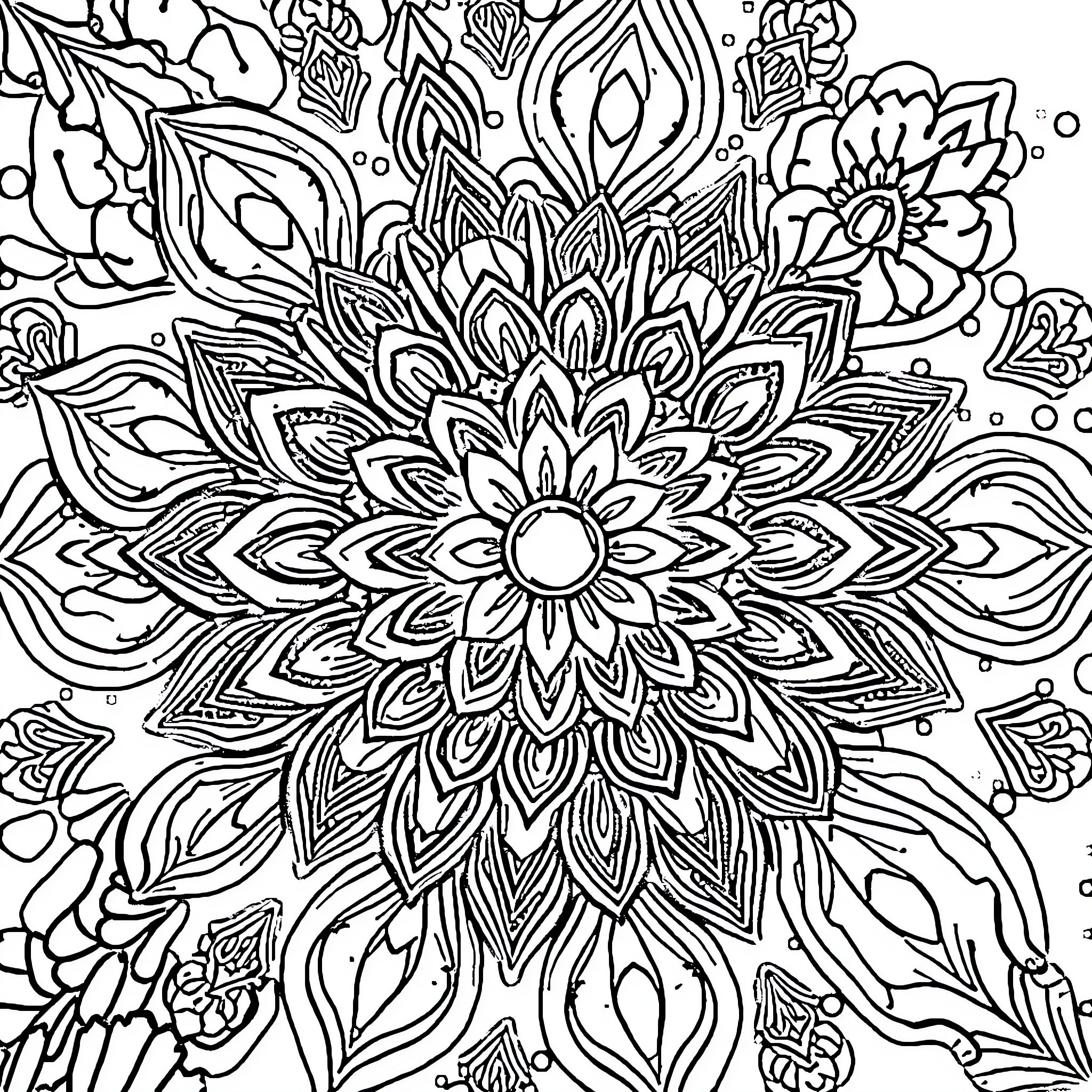 Mandala of Intricate Floral Patterns Coloring Page (free black-and-white line drawing printable PDF for all, from beginners to advanced learners, including children, teens, adults, and seniors)