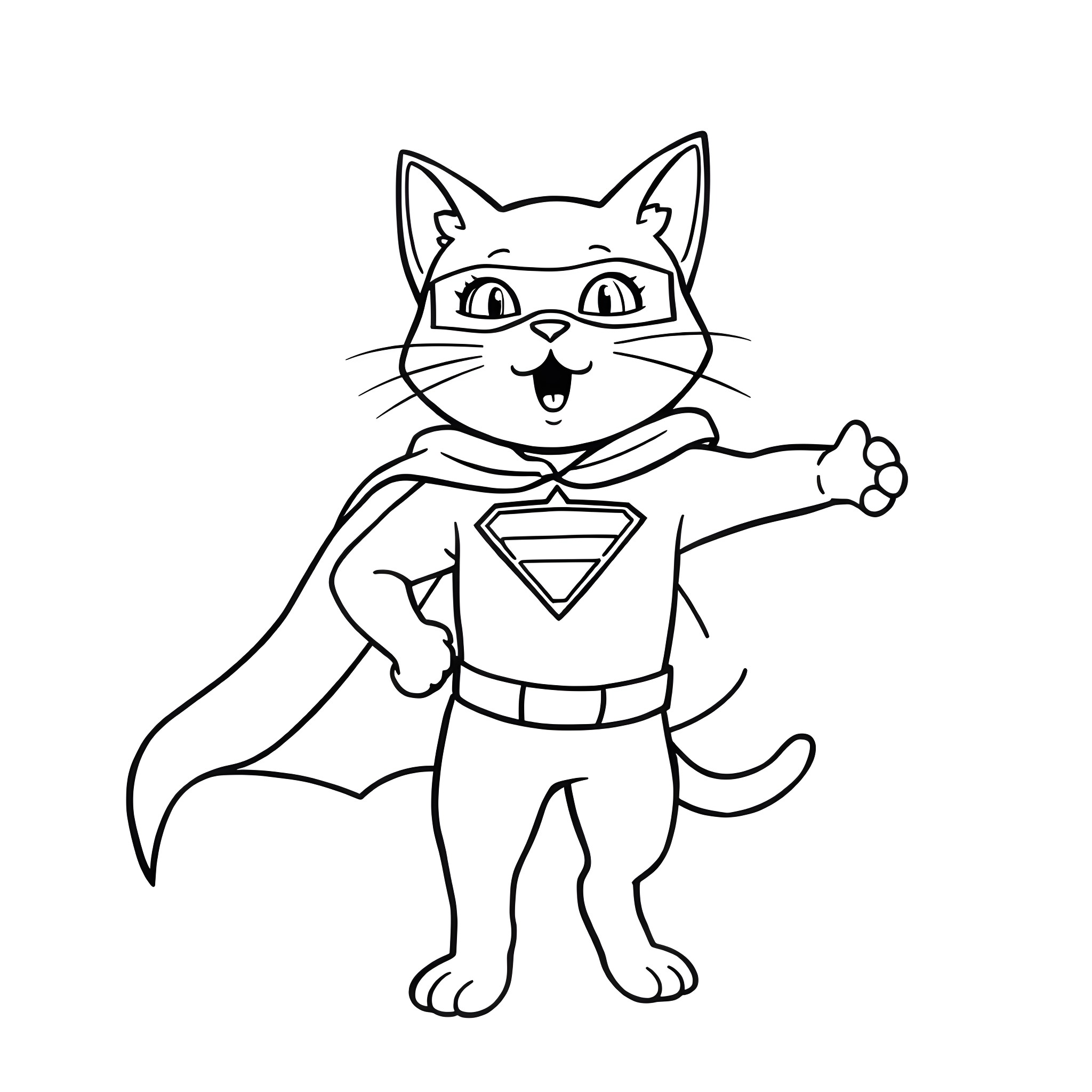 Cat superhero in action pose Coloring Page (free black-and-white line drawing printable PDF for all, from beginners to advanced learners, including children, teens, adults, and seniors)