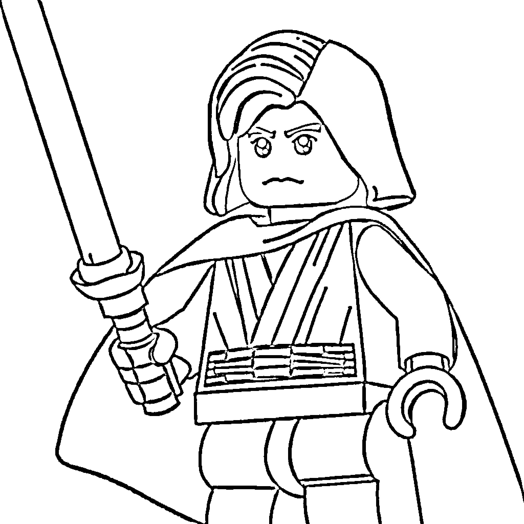 Skywalker Wielding Lightsaber with Focused Expression Coloring Page (free black-and-white line drawing printable PDF for all, from beginners to advanced learners, including children, teens, adults, and seniors)