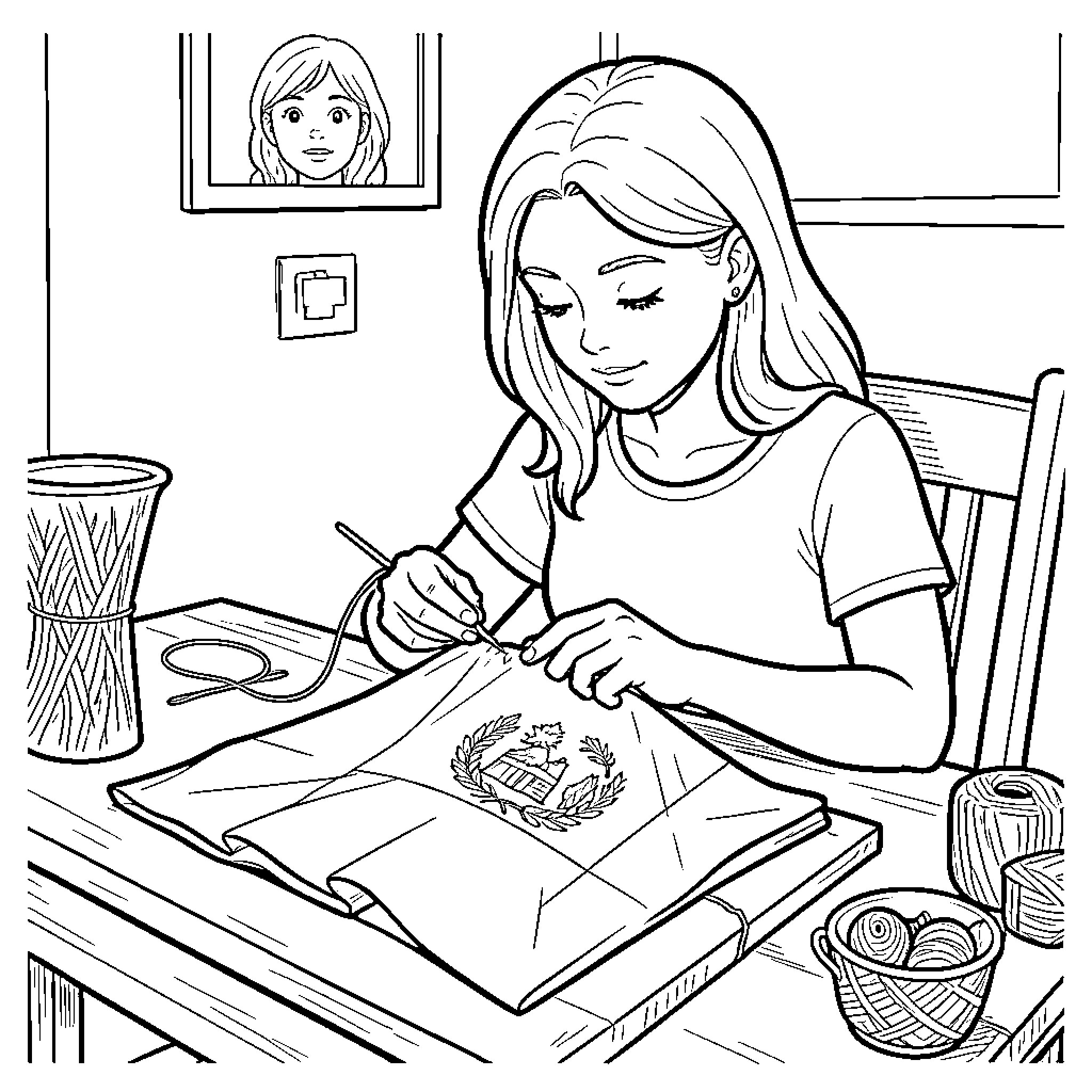 Catherine focused on embroidery at a wooden table Coloring Page (free black-and-white line drawing printable PDF for all, from beginners to advanced learners, including children, teens, adults, and seniors)