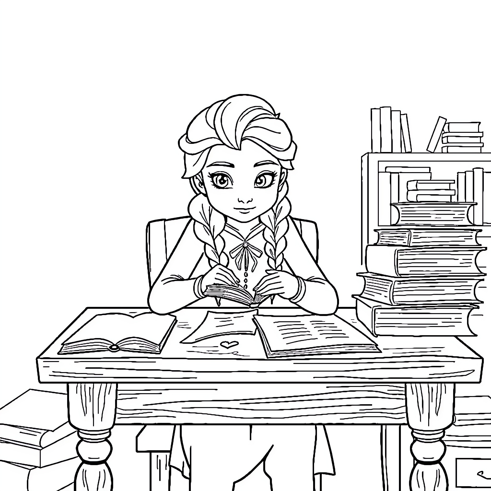 Elsa studying diligently at her desk Coloring Page (free black-and-white line drawing printable PDF for all, from beginners to advanced learners, including children, teens, adults, and seniors)