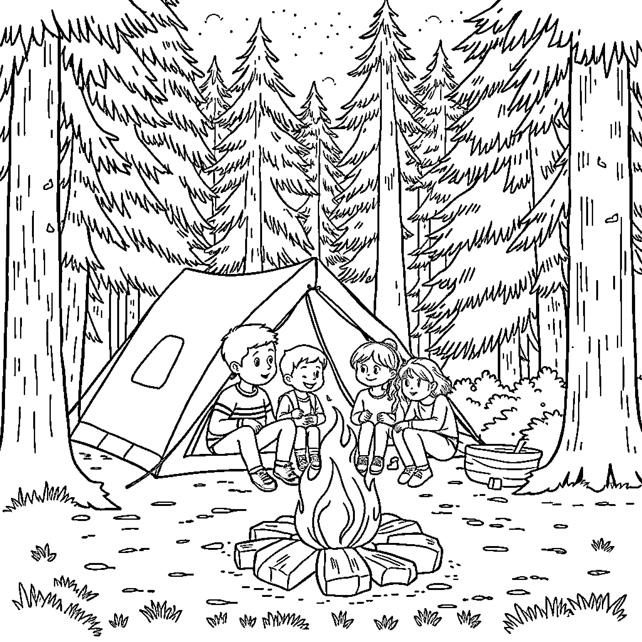 Family Enjoying Camping Outdoors in Nature Coloring Page (free black-and-white line drawing printable PDF for all, from beginners to advanced learners, including children, teens, adults, and seniors)